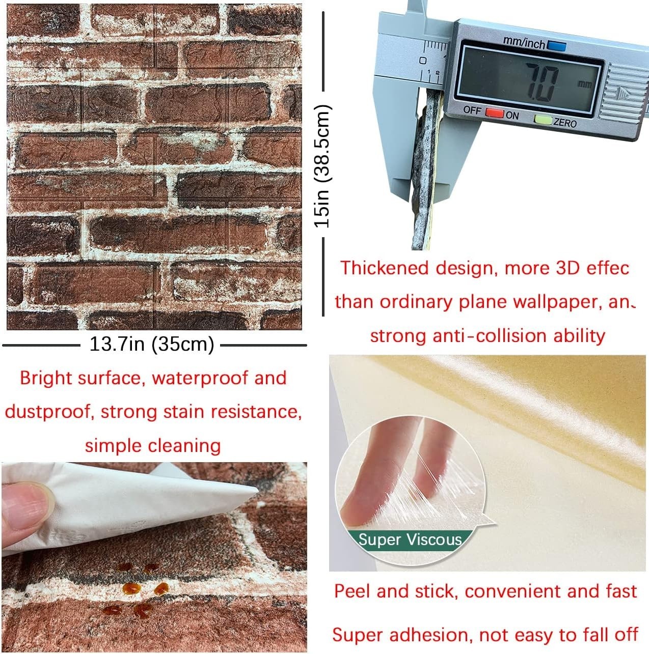 Red 3D Brick Wall Paneling – Pack of 20, Self-Adhesive/-