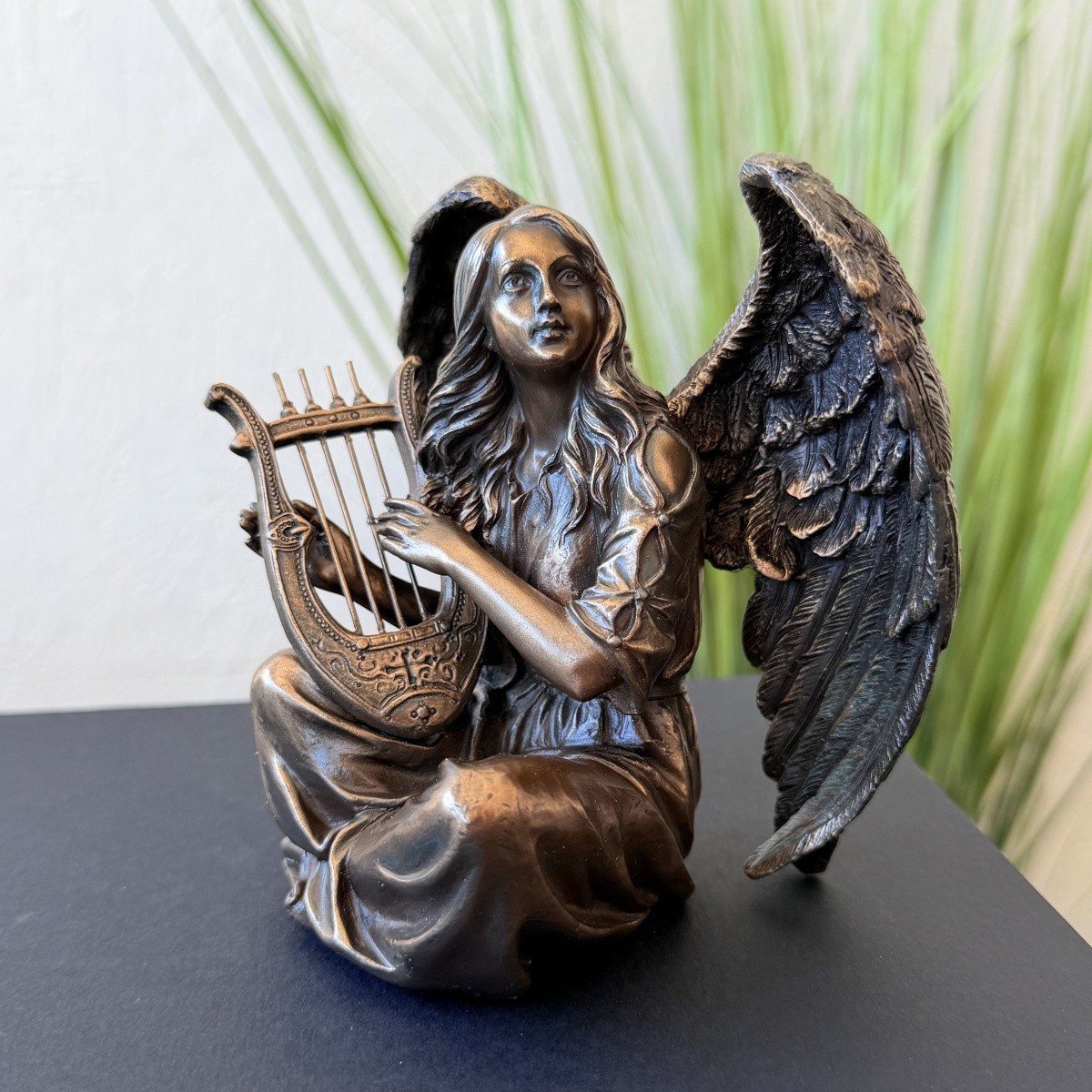 Veronese Angel with Harp Figurine Bronze Finish Resin Statue Spiritual Home Deco