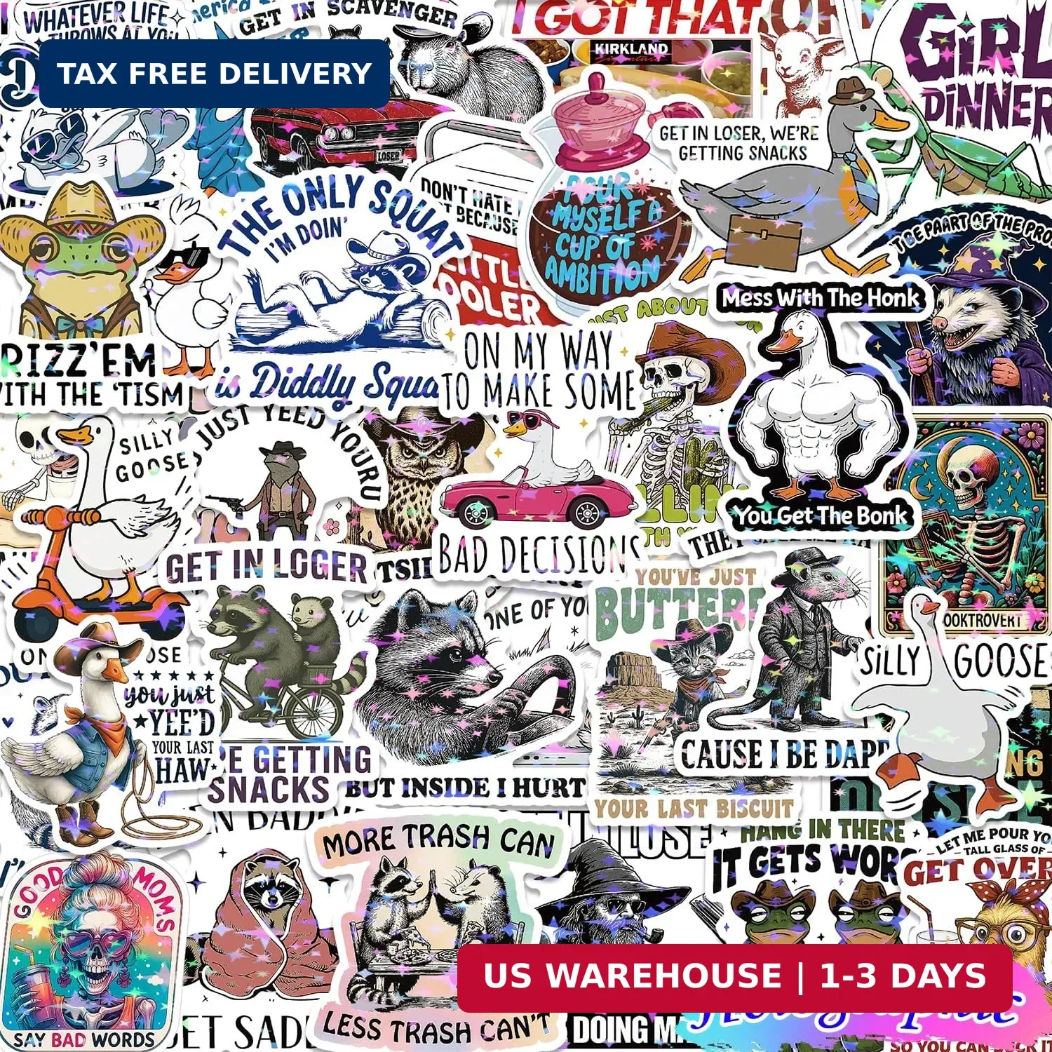 200 PCS Funny Holographic Stickers for Adults, Waterproof Vinyl Sarcastic Meme D