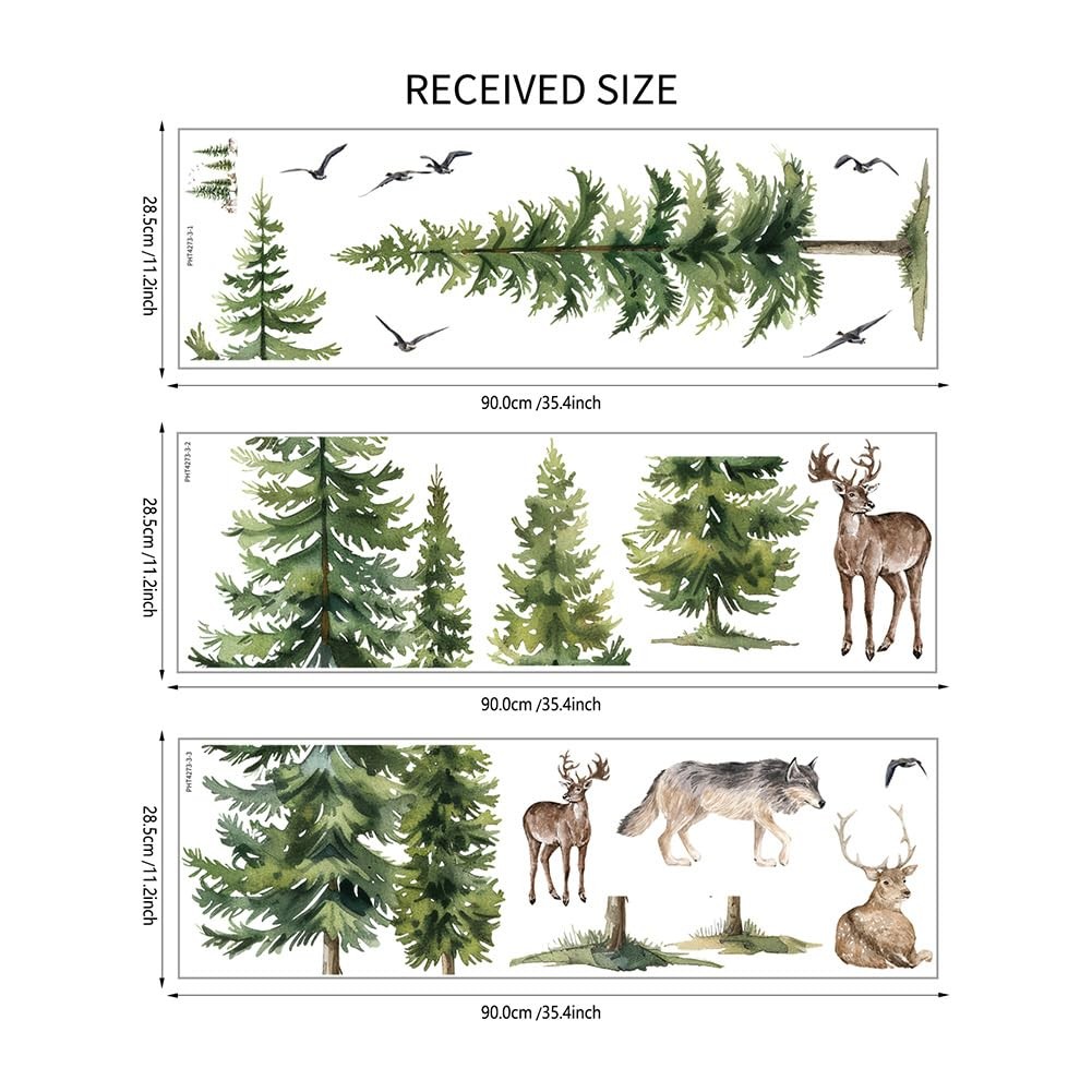 Green Pine Tree Wall Sticker Woodland Animals Wall Decal Peel and Stick Fores…