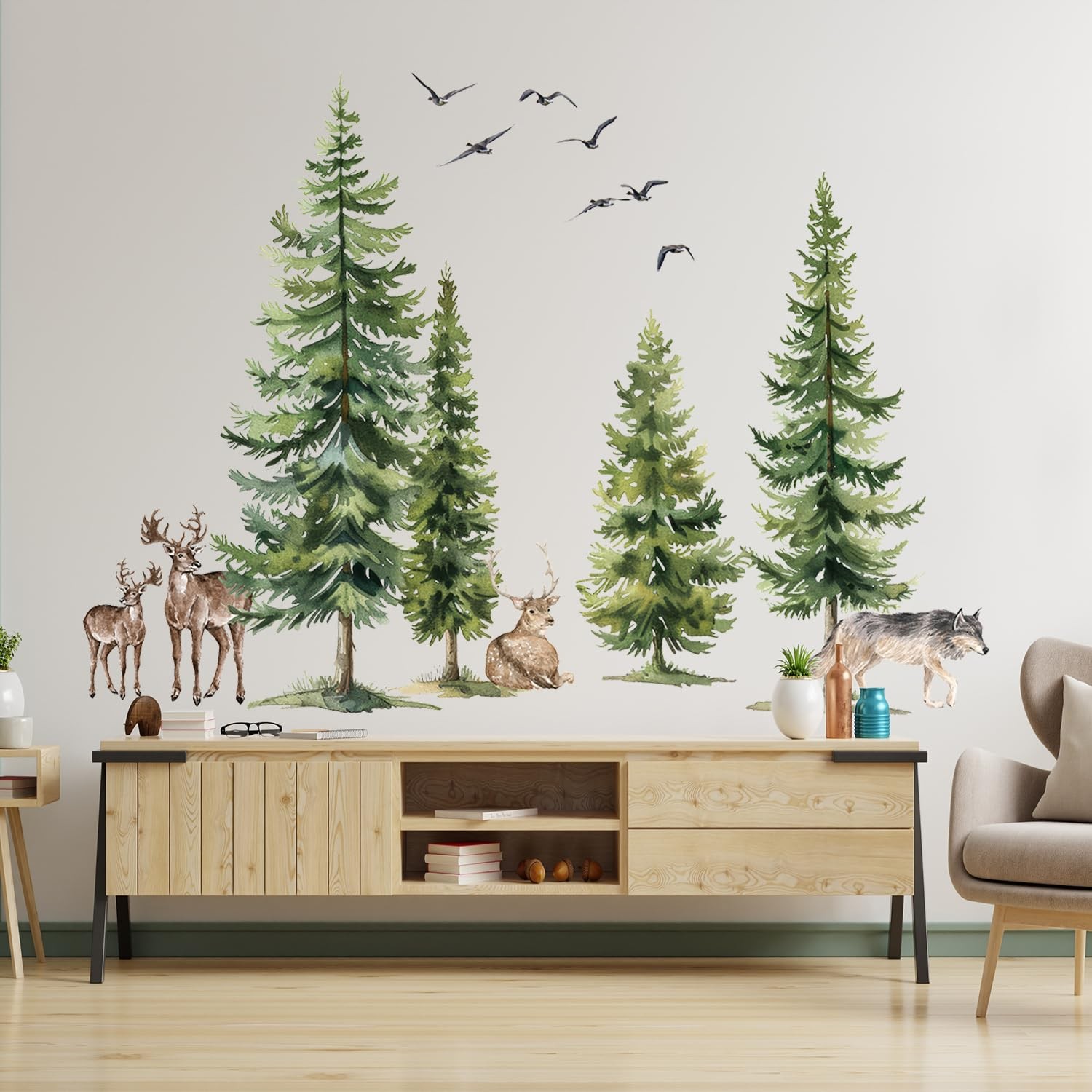 Green Pine Tree Wall Sticker Woodland Animals Wall Decal Peel and Stick Fores…