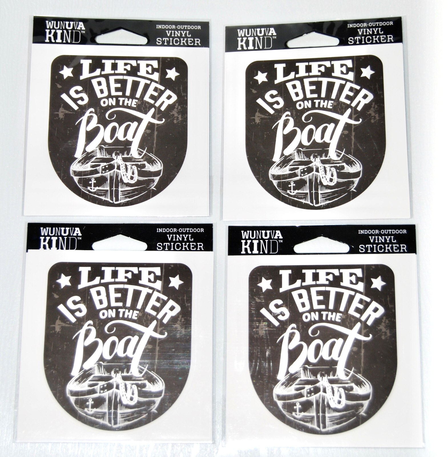 Lot of 4 Wunuva Kind Indoor-Outdoor Black LIFE IS BETTER ON BOAT Vinyl Sticker