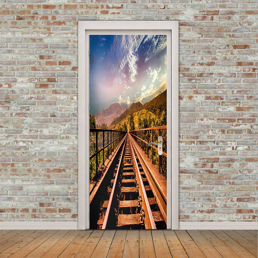 3D Wall Art Sunny Sky Railway Door Sticker PVC Decal Self-adhesive Wrap Mural