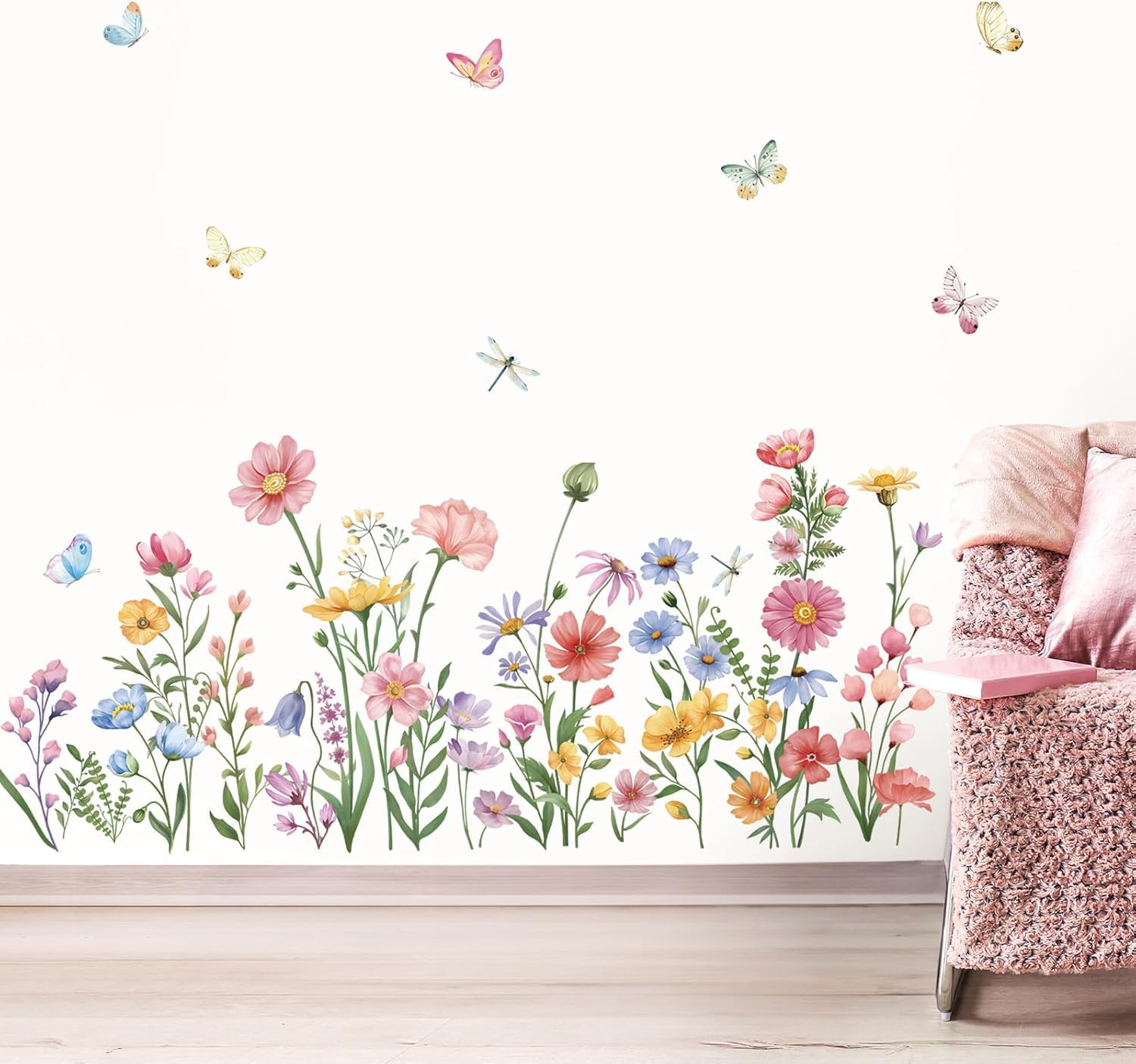 Pink Wildflower Wall Stickers Garden Flower Daisy Butterflies Floral