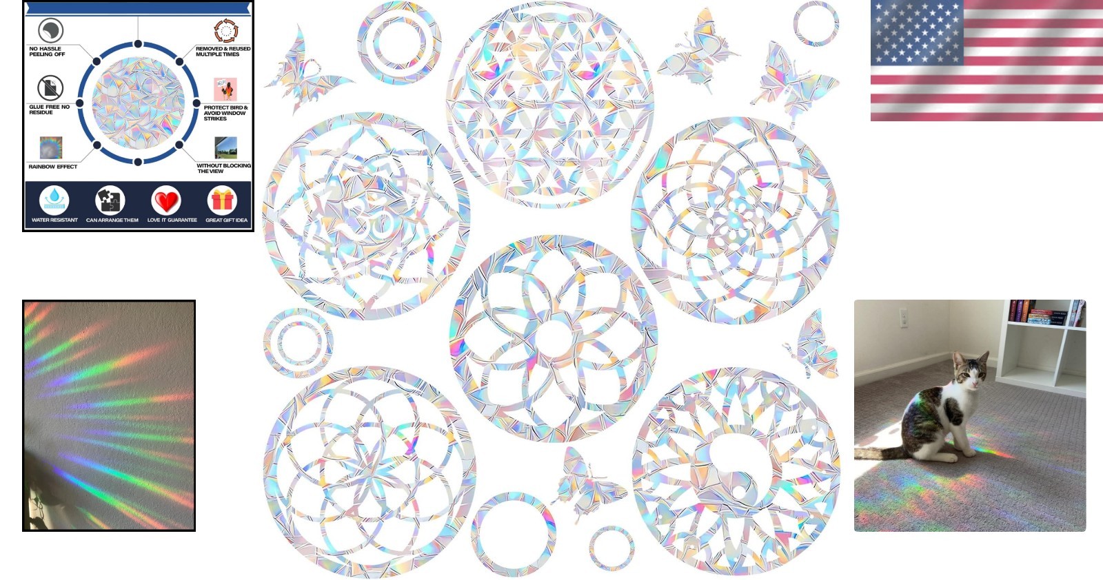 Bird Window Decals Rainbow Mandala Stickers Anti-Collision Reusable 6pcs