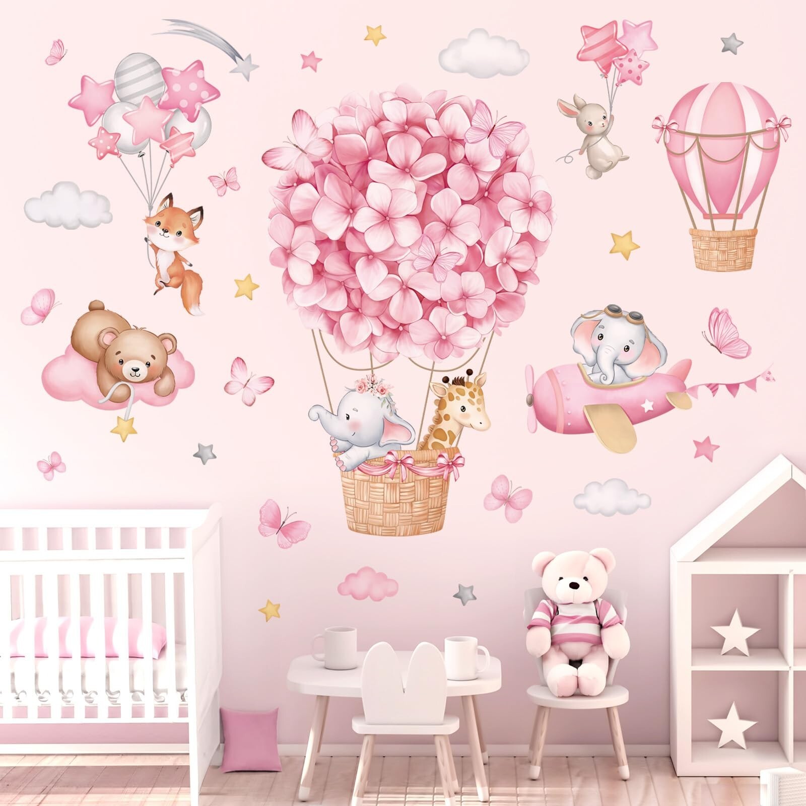 wondever Animals Hot Air Balloon Wall Stickers Flowers Elephant Giraffe Bear …