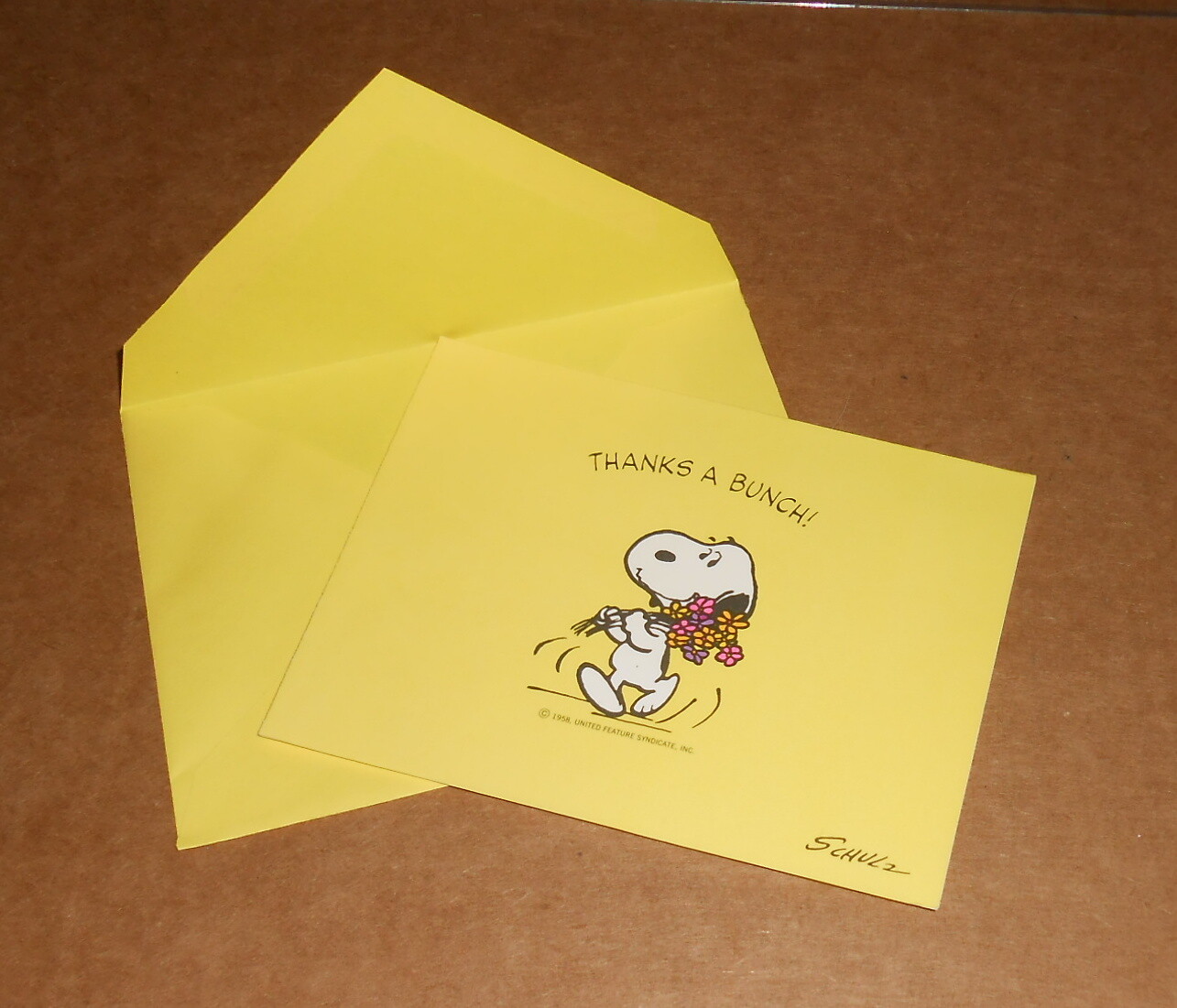 Snoopy Thanks a Bunch! Yellow Greeting Card Vintage 1958 Thank You 5×4 Hallmark