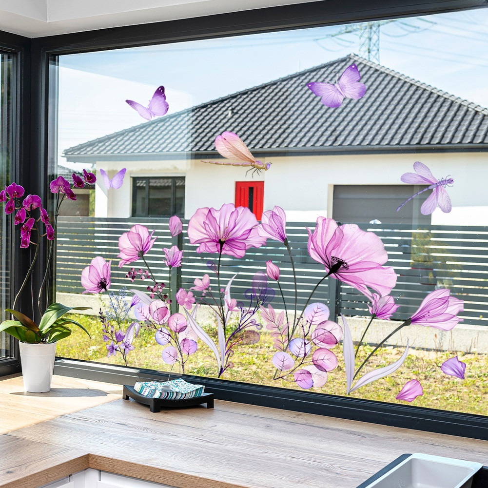 Static Window Sticker with Purple Flowers and Butterflies 11.81 by 23.62 in