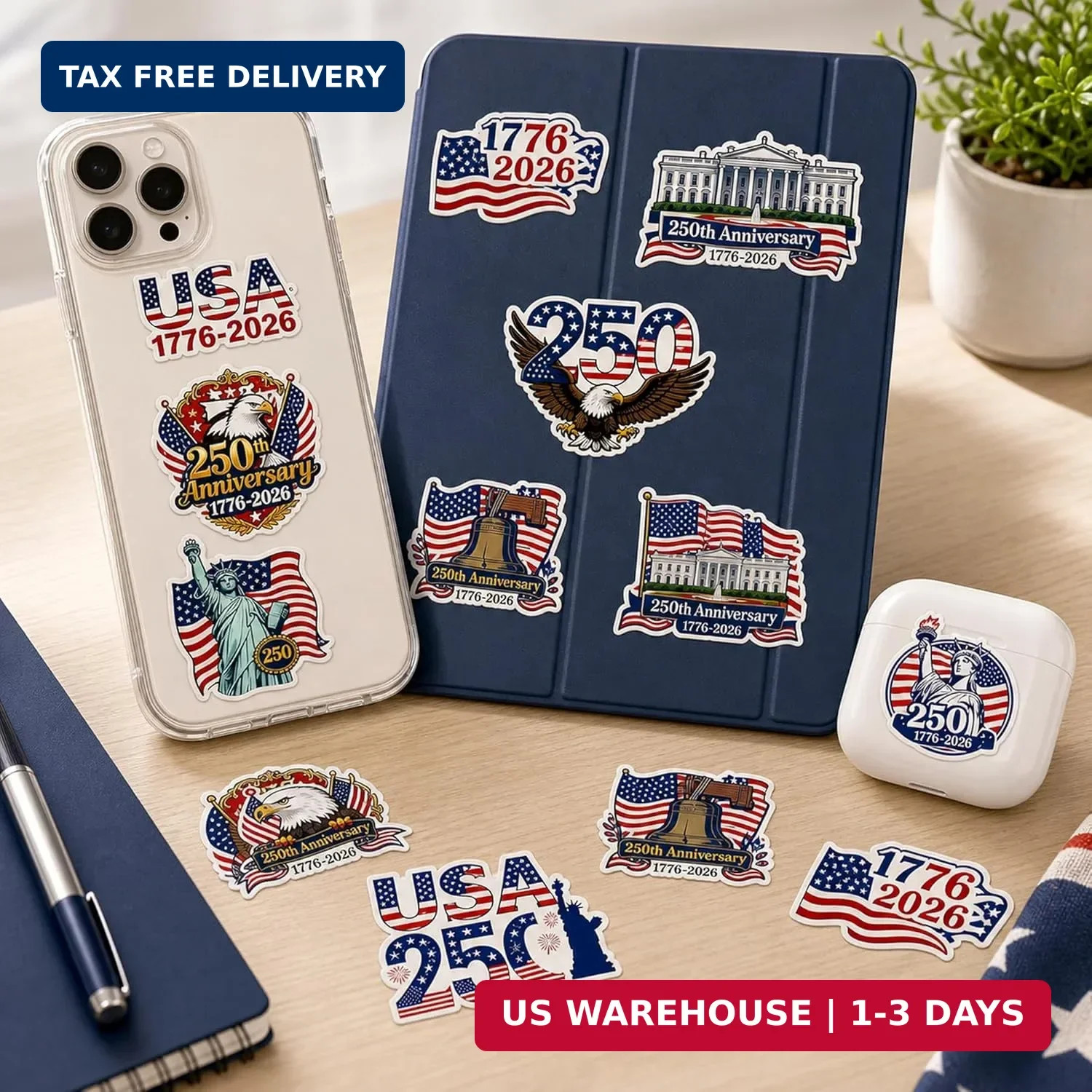 50Pcs 250th Anniversary Sticker USA 250 Years of Freedom Anniversary Waterproof