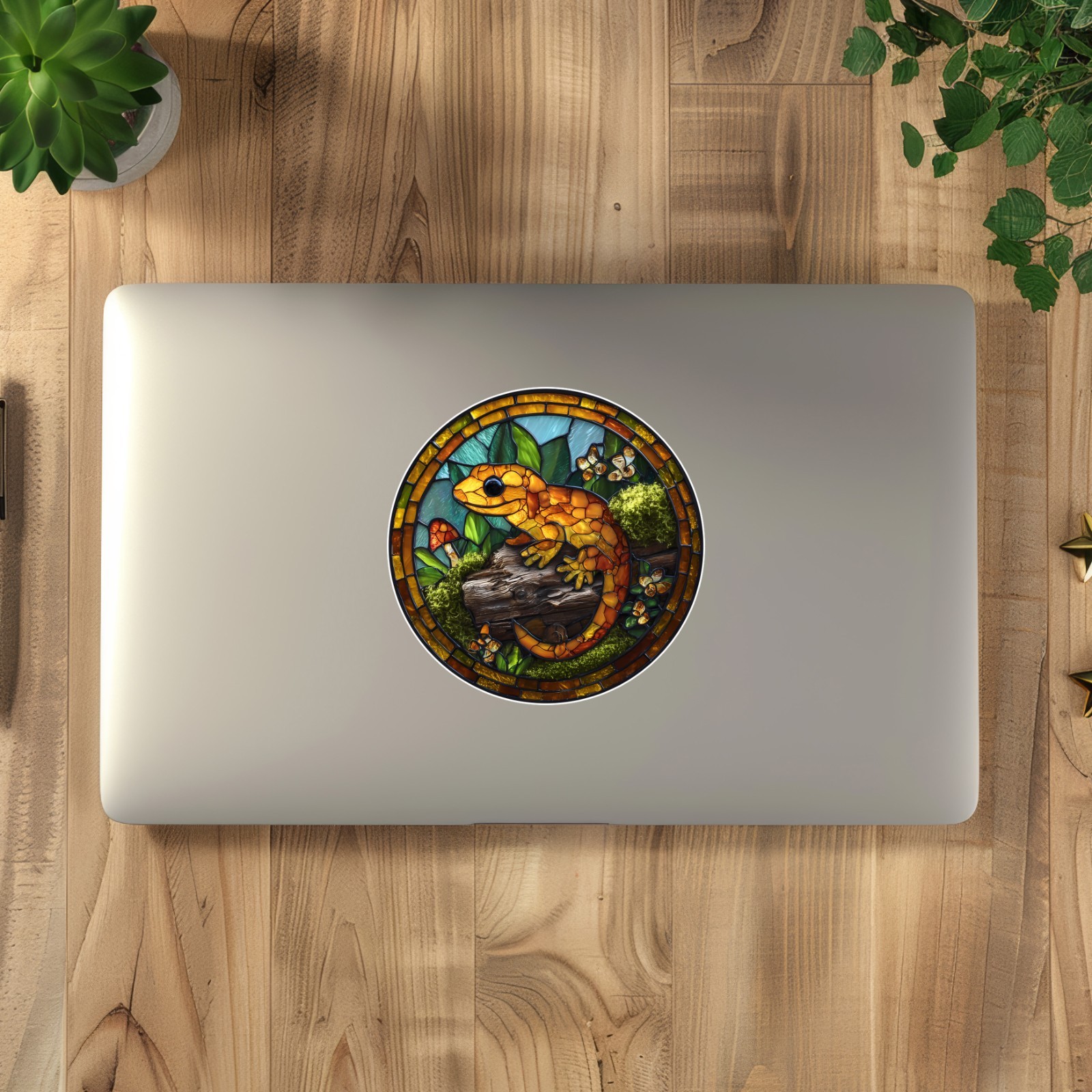 Salamander Lizard Mossy Log Stained Glass Style Opaque Vinyl Sticker Decal