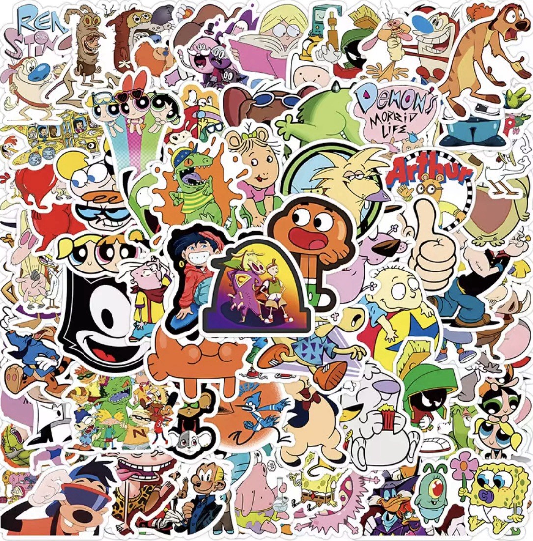 90s Throwback Character Stickers Mix 50pc Matte Cartoon Sticker FREE SHIPPING