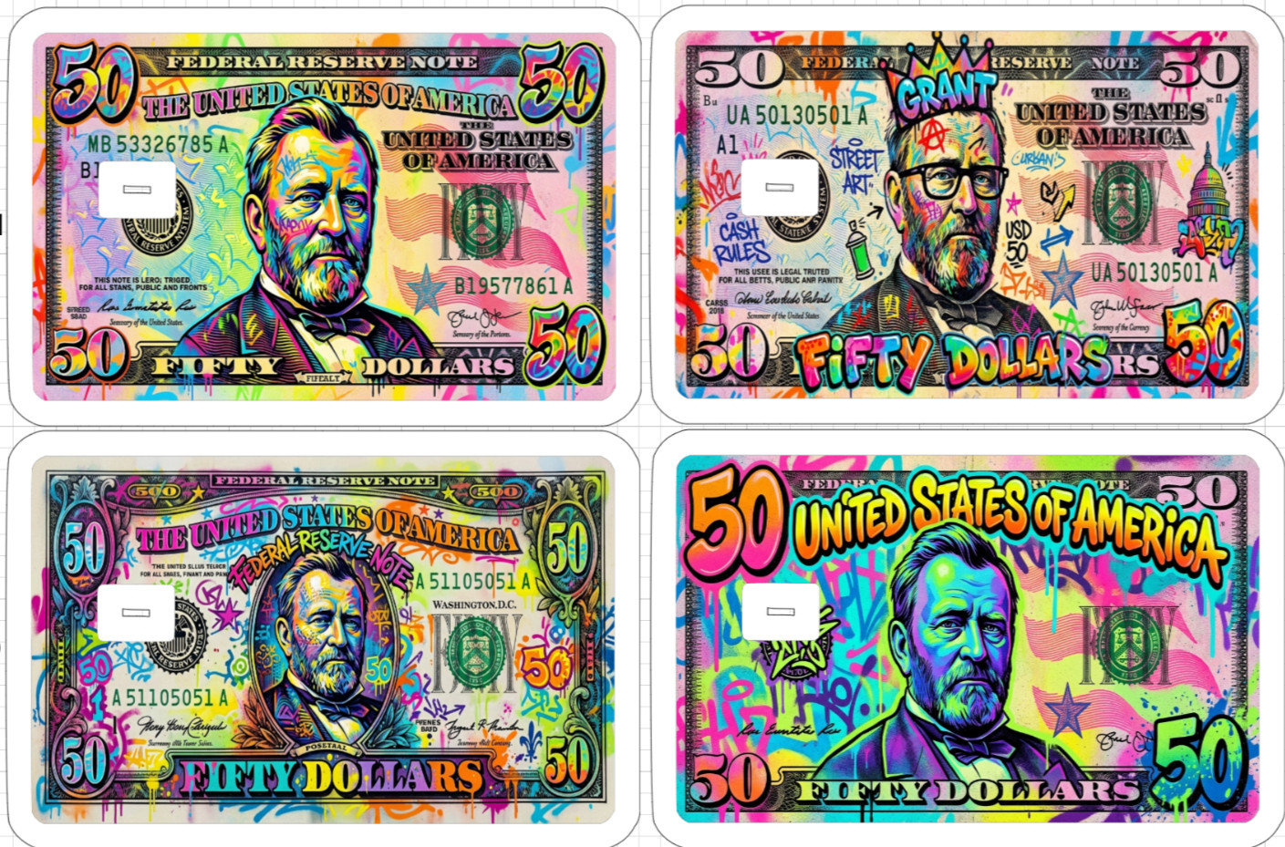 50 Dollar Bill Credit Debit ATM Gift Card Skin Sticker Graffiti Art Neon Trippy