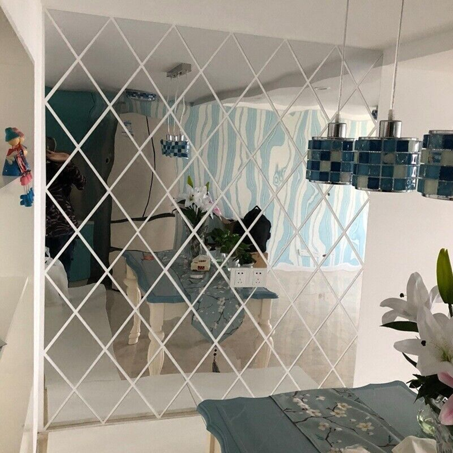 39 x 39in 3D Mirror Art Wall Sticker Diamonds Acrylic Mural Decal Home Decor