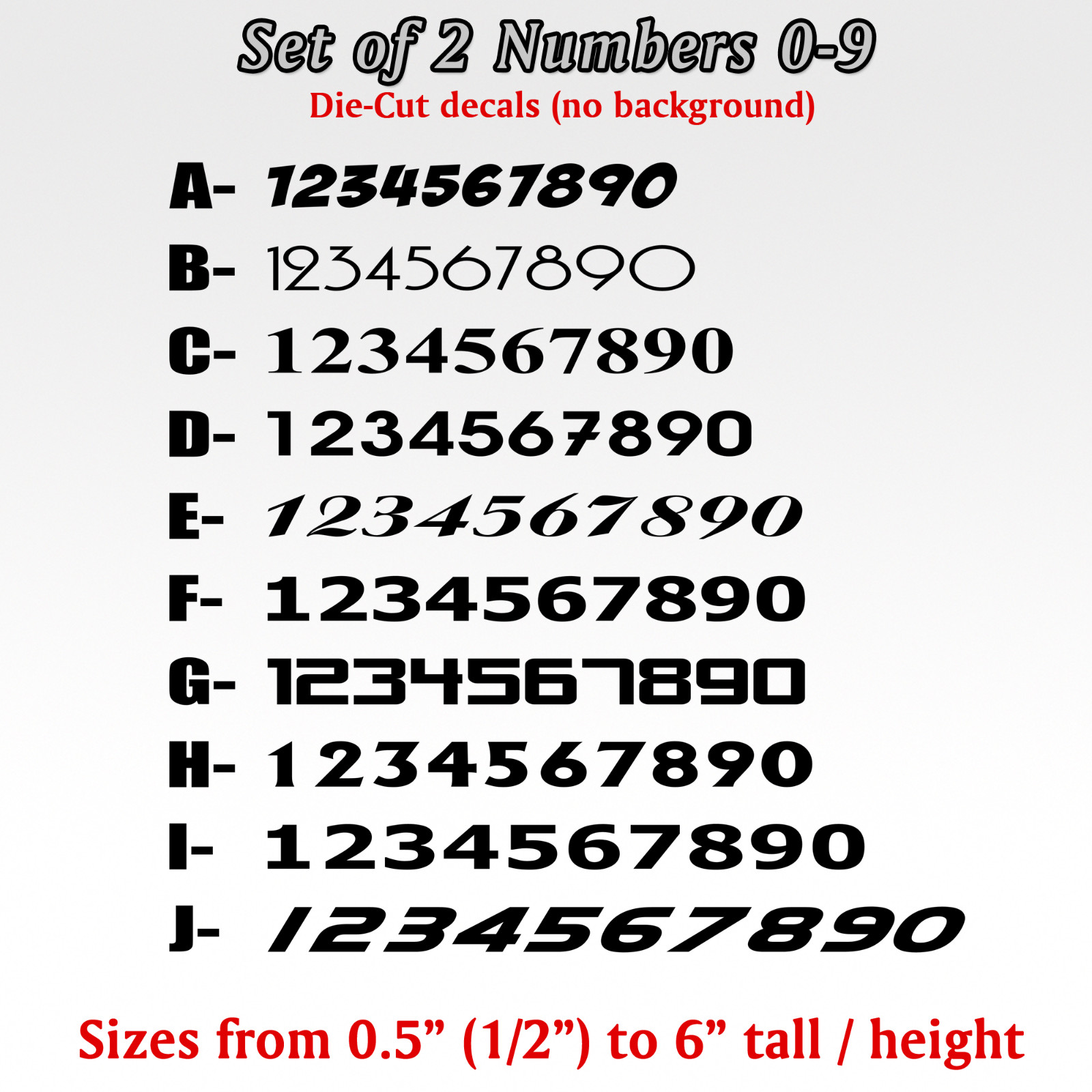 2 pack Numbers 0 to 9 Vinyl Die-Cut Decal set of 20 pieces sticker custom number