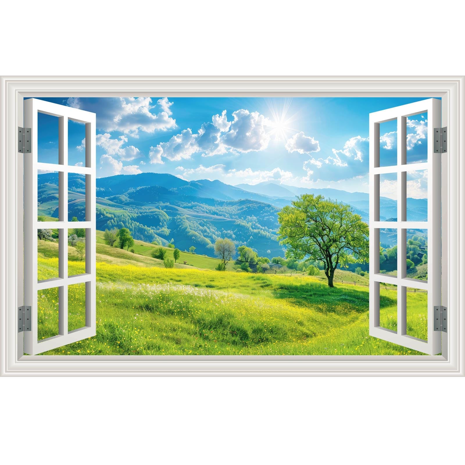Fake Window Wall Decals Green Mountain Forest Tree Faux Window Sticker Poster…