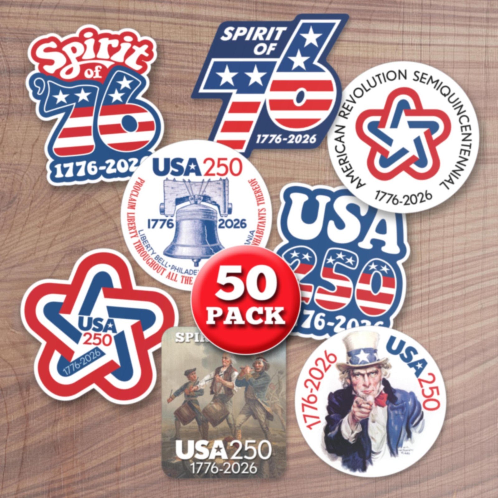 50 PACK Die Cut Stickers – USA America, Semiquincentennial, 250 Freedom