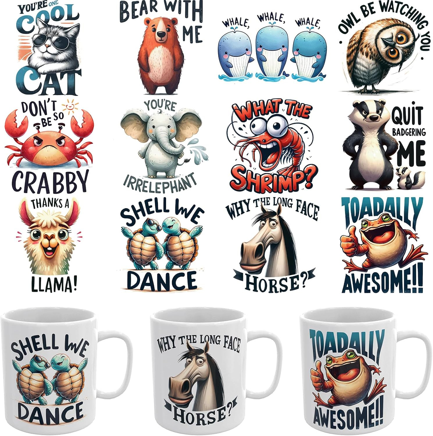 12PCS UV DTF Stickers Funny Animal Quotes UV DTF Cup Wrap for Mugs | Cold Transf
