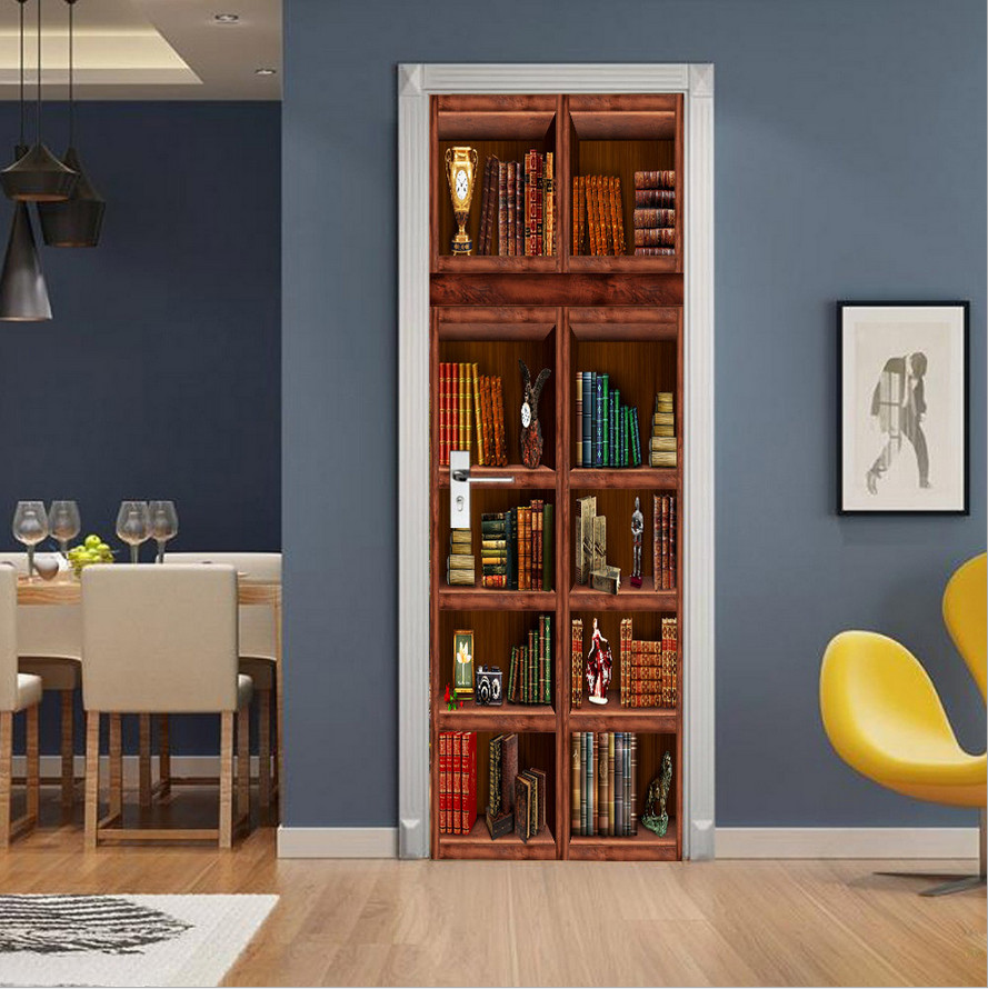 Door, Wall or Fridge STICKER – Rustic Bookshelf Waterproof 3D Mural Decal Cover