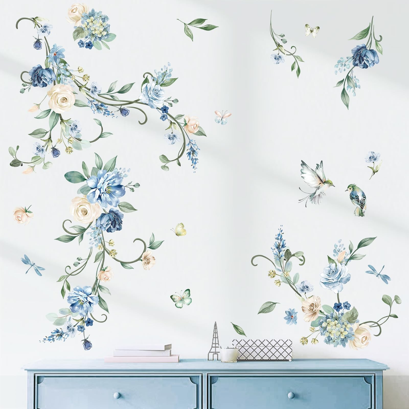 wondever Flower Vines Wall Stickers Blue Rose Watercolor Floral Peel and Stic…