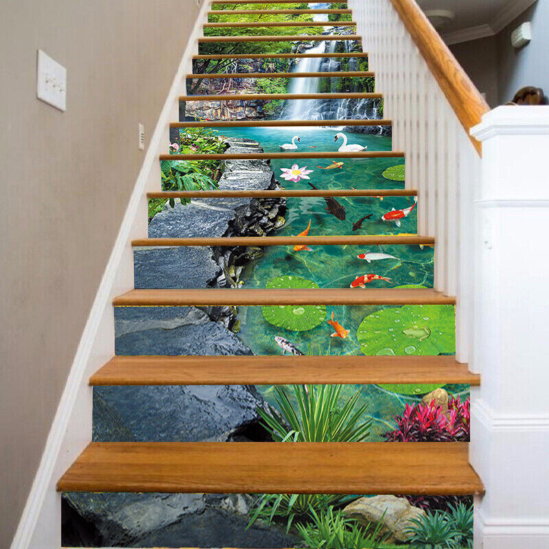13pcs 3D Garden Lotus Fishes Stair Riser Decal Self-adhesive Staircase Decor New