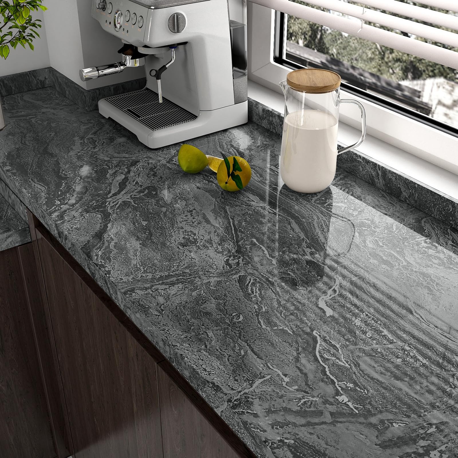 Glossy Black Marble Paper for Countertops 15.8»x236» Silver Granite Peel an…