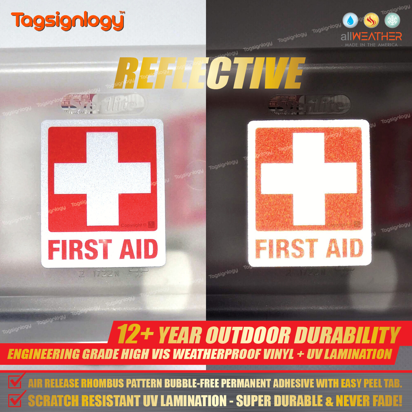Hi-Vis (REFLECTIVE) Cross Sign Waterproof Vinyl Stickers for FIRST AID Box / Kit