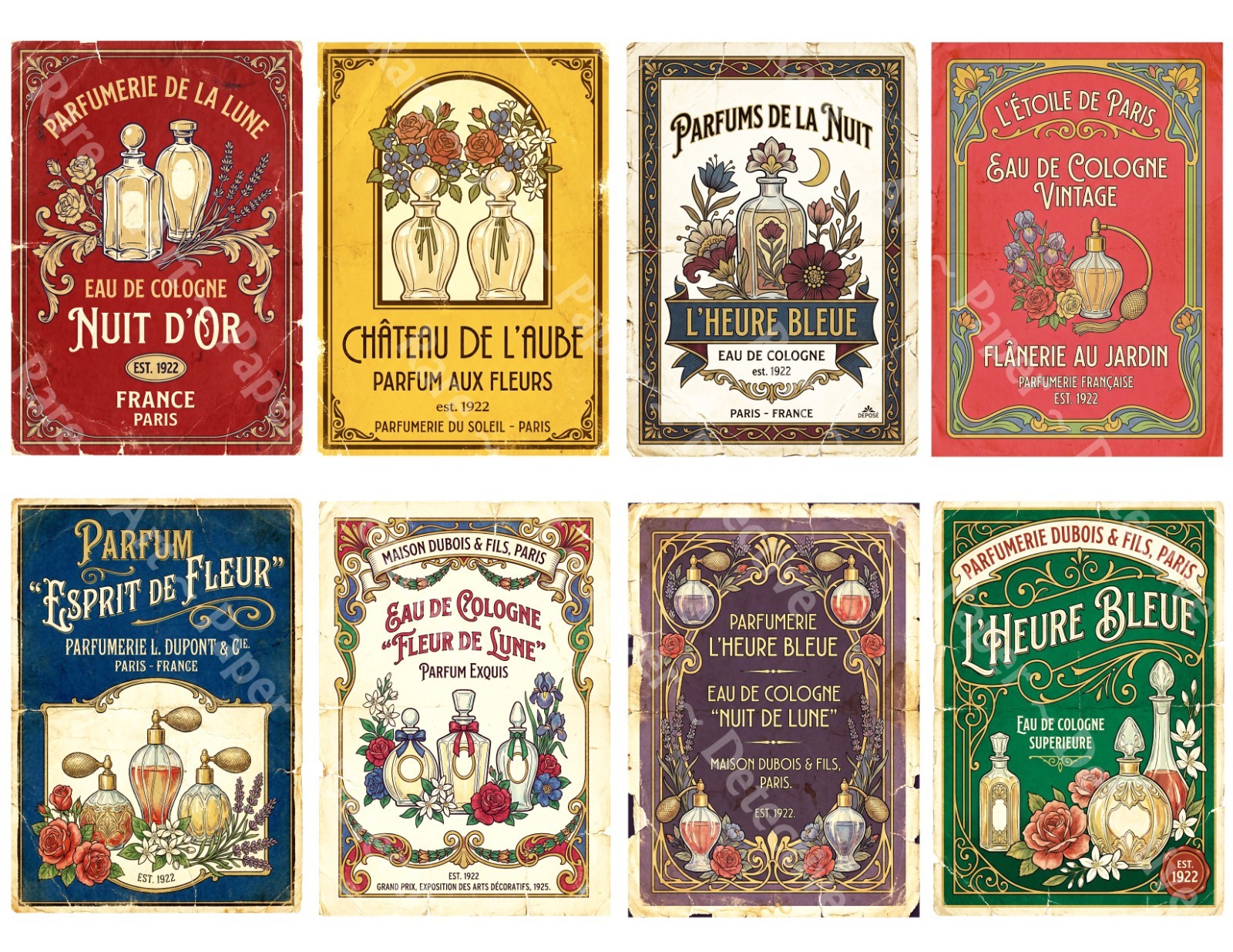 8 Vintage Perfume Stickers for Bathroom Bottle Décor, Cut & Peel Sheet 1476