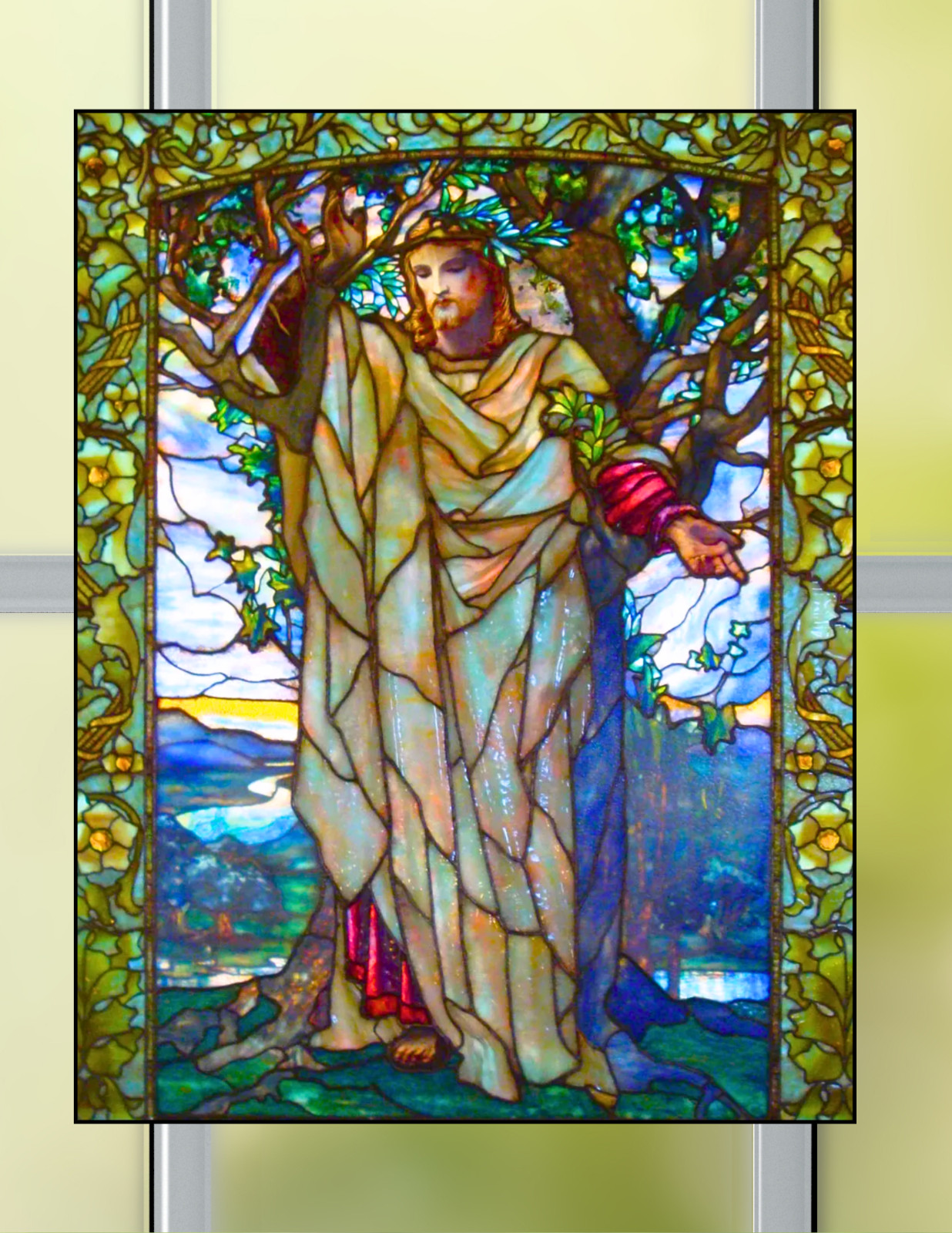 Jesus, Sermon on the Mount Faux Stained-Glass WINDOW CLING Size 10.6″ Vinyl