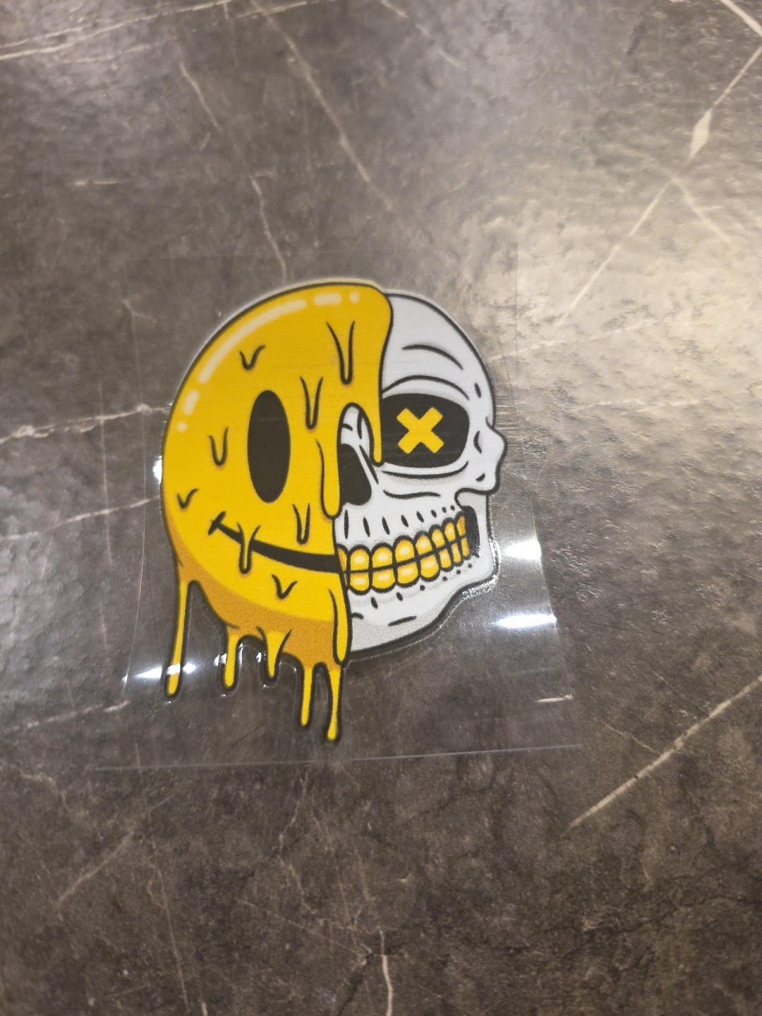 Melting Smiley Face Skull Split UVDTF Raised Decal Sticker Waterproof Gold Grill