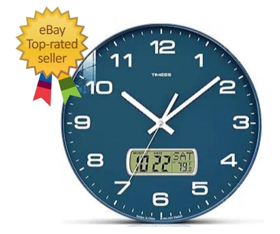 Wall Clock, 12″ Dial Non-Ticking Silent Battery Operated Analog with LCD Display