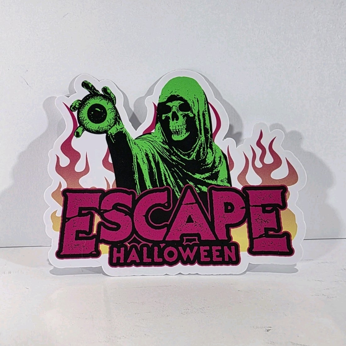 Escape Halloween Grim Reaper Green Pink Flames Vinyl Sticker