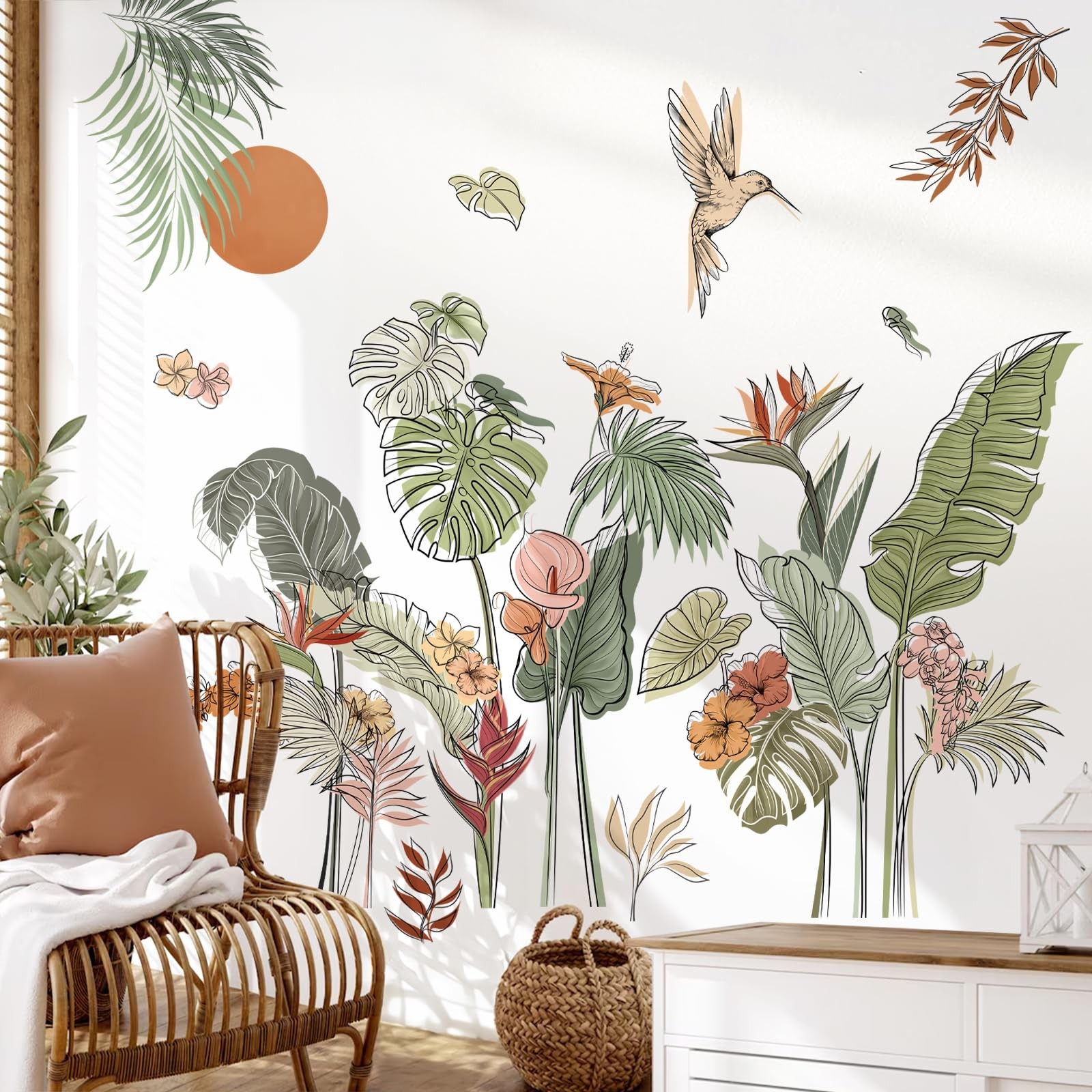 Boho Tropical Leaves Flower Wall Decals Bohemian Floral Plants Sun Wall Stick…