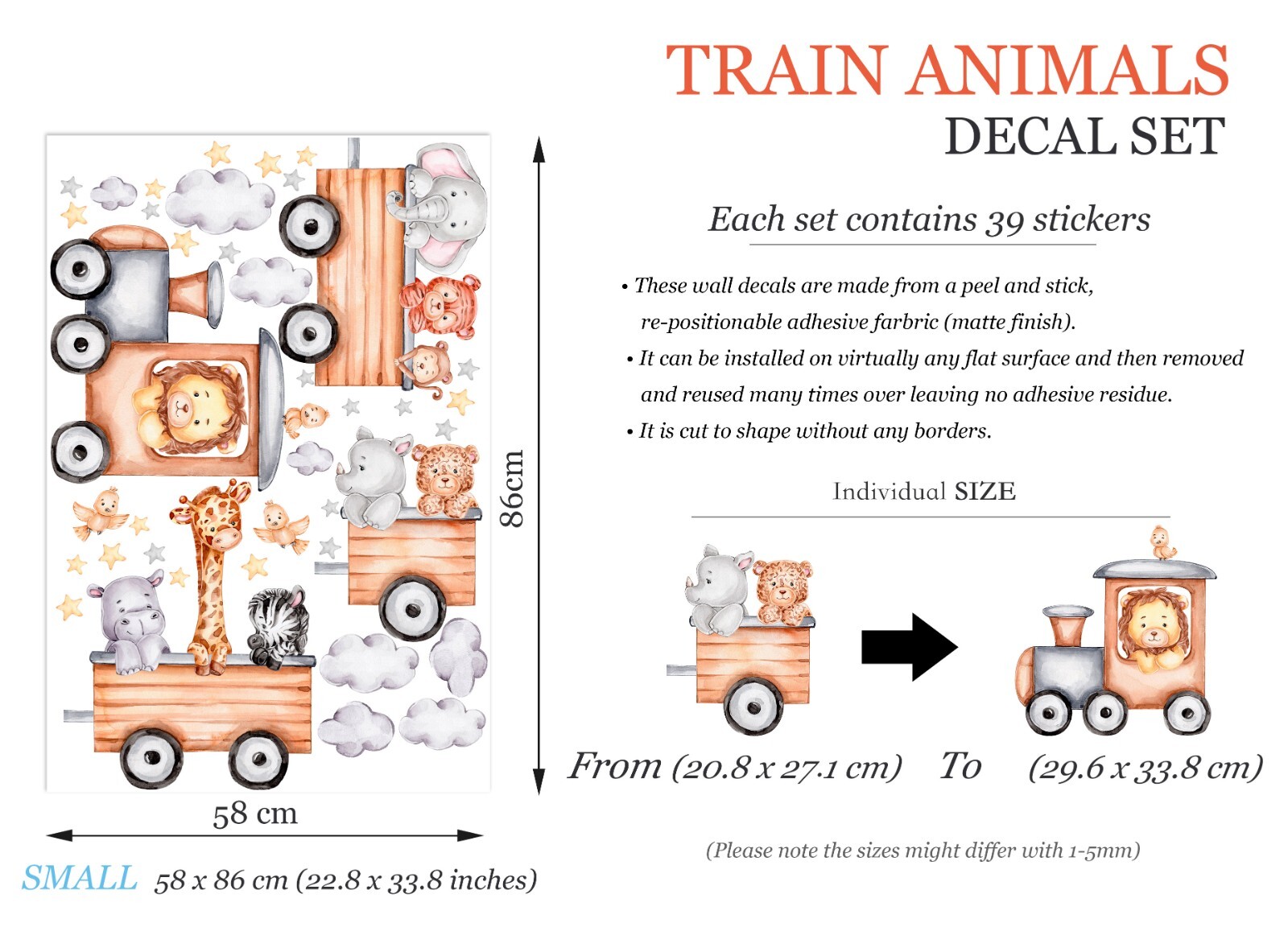 Safari Animals Train Elephant Lion Giraffe zebra Removable Wall Decal Sticker