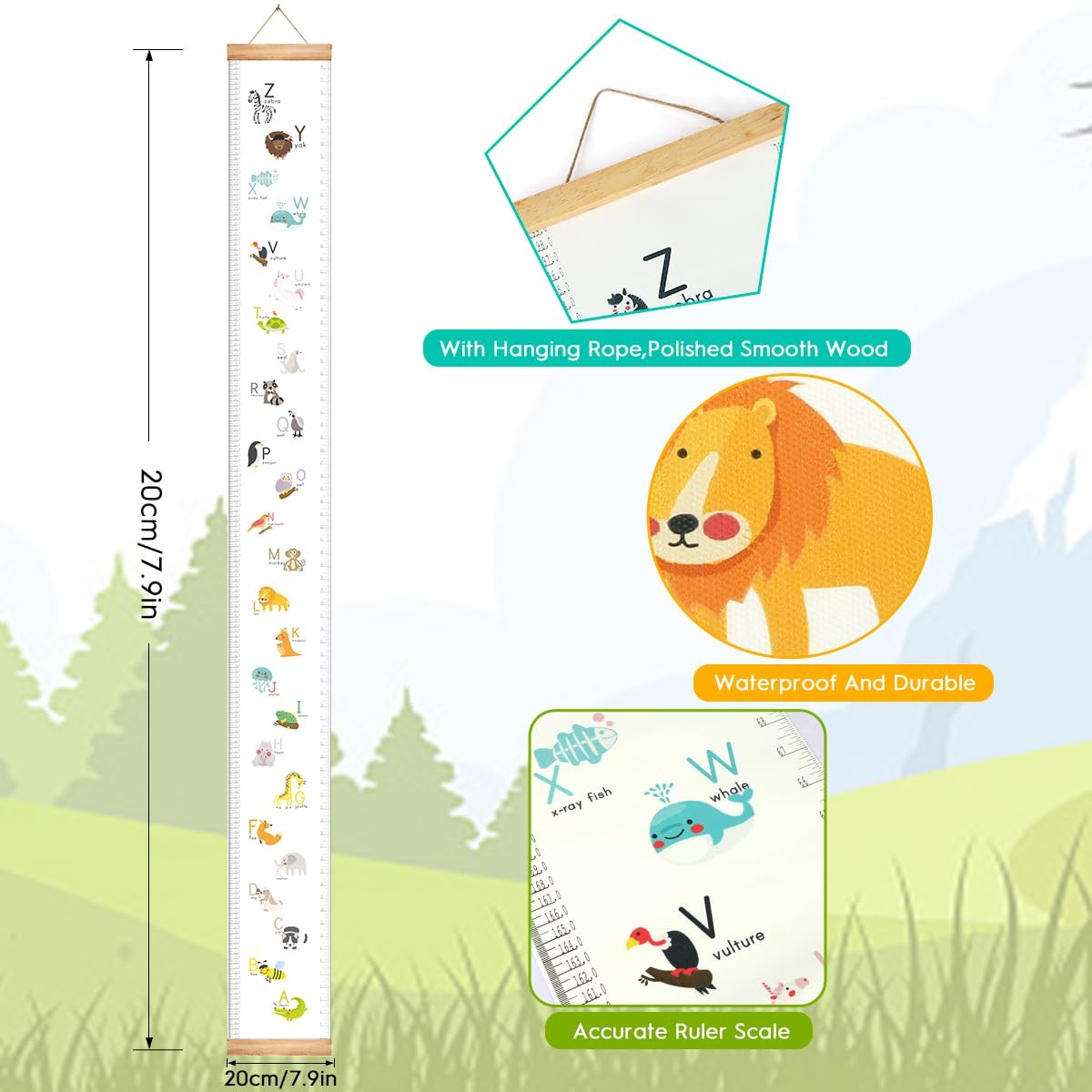 Mibote Baby Growth Height Chart Handing Ruler Wall Decor for Kids, Letters