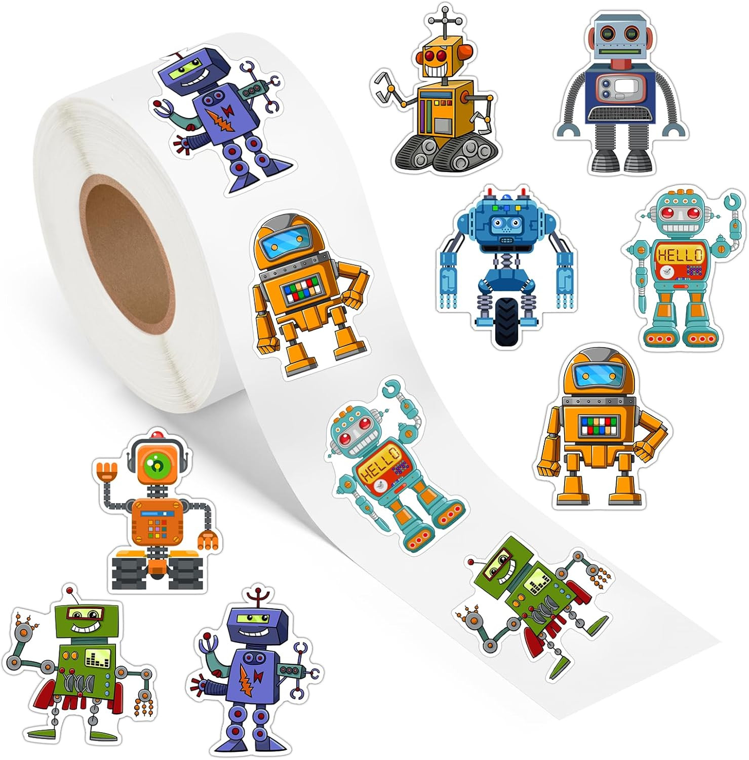 500 Pcs Cartoon Robot Stickers Roll Vinyl Decals for Crafts and Decorations