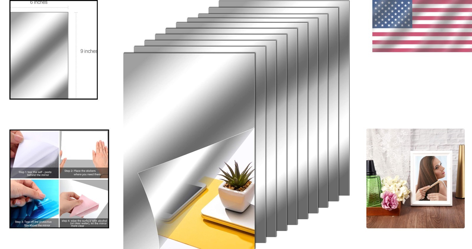 Elegant 10-Pack Self-Adhesive Mirror Sheets – Effortless Wall Decoration, 6 x 9″