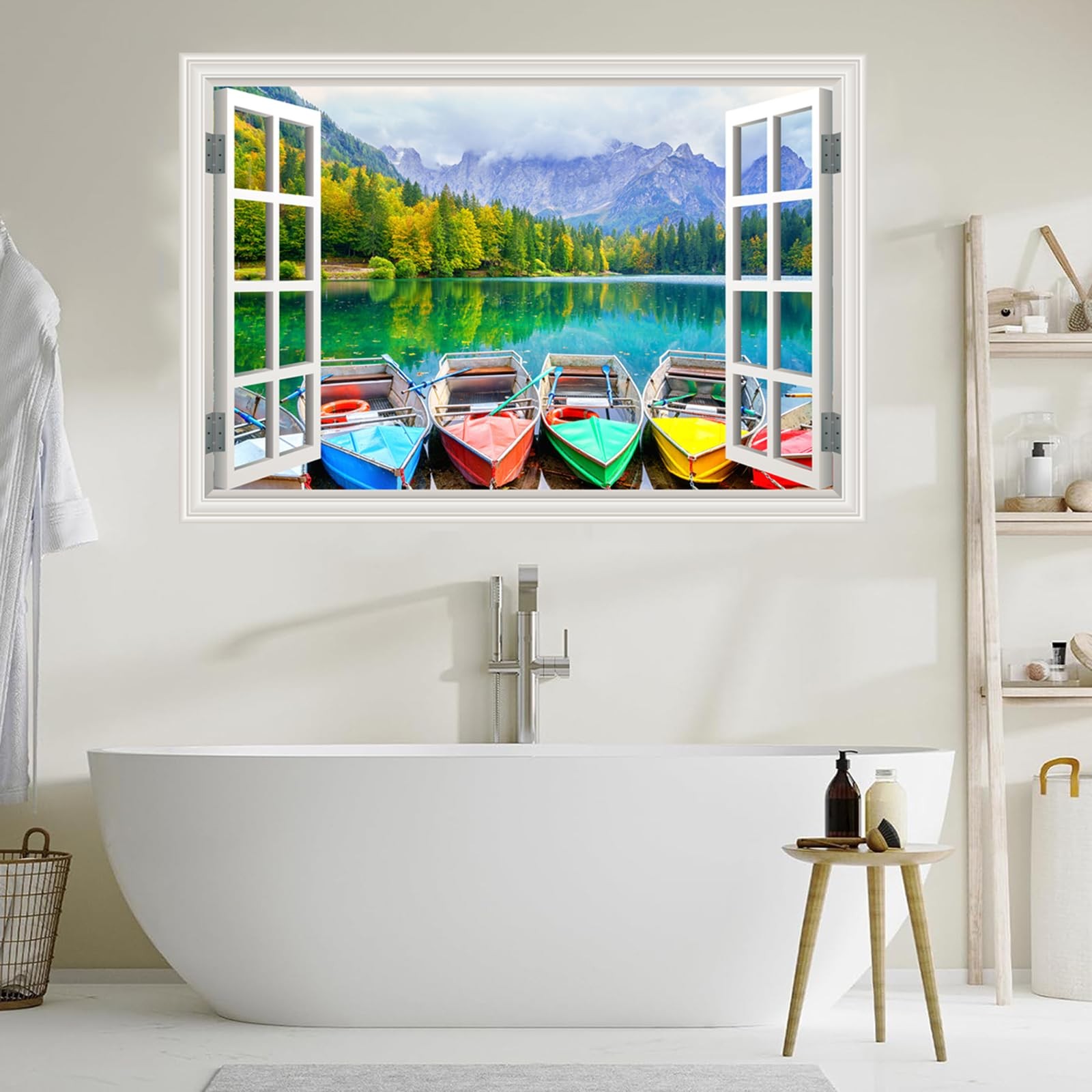 Fake Window Wall Mural Sticker Far Mountain Forest Lake Boat Decal Faux Windo…