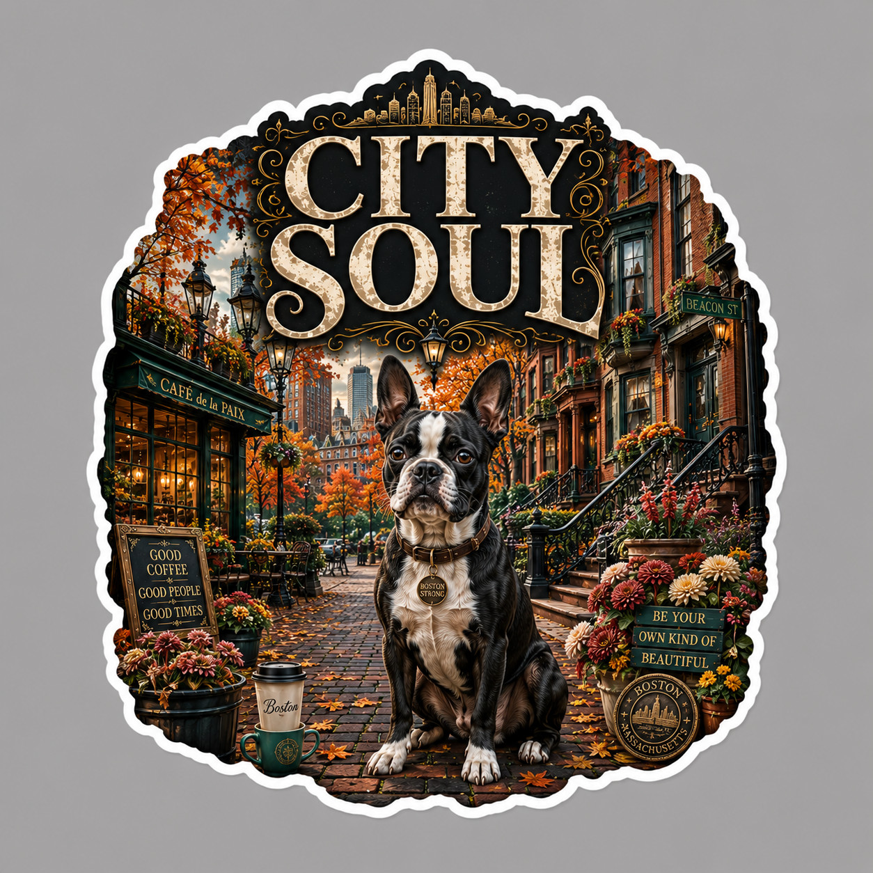 Boston Terrier Sticker Vinyl Decal City Soul Urban Coffee Boston Dog Lover