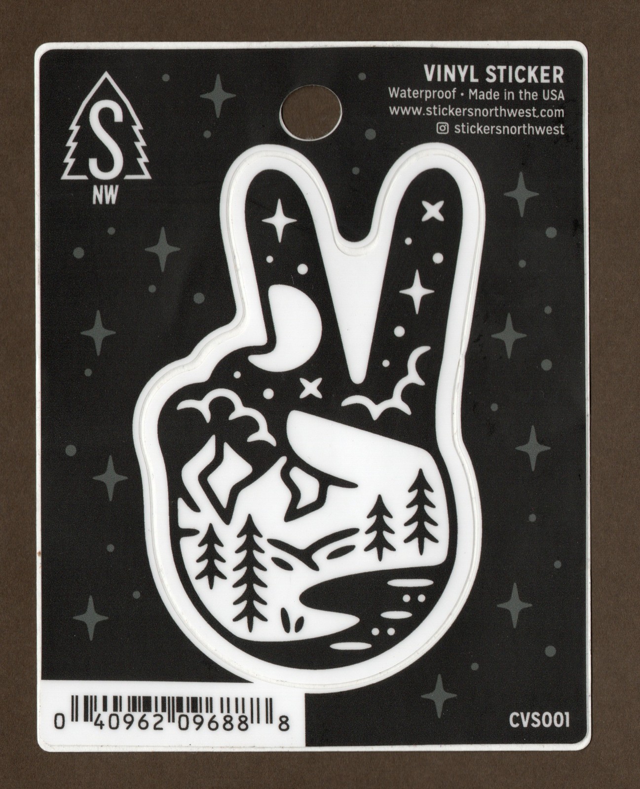 Peace Sign Vinyl Sticker Decal, 3.5″, Nature/Forest Theme, 2 Finger Hand B & W
