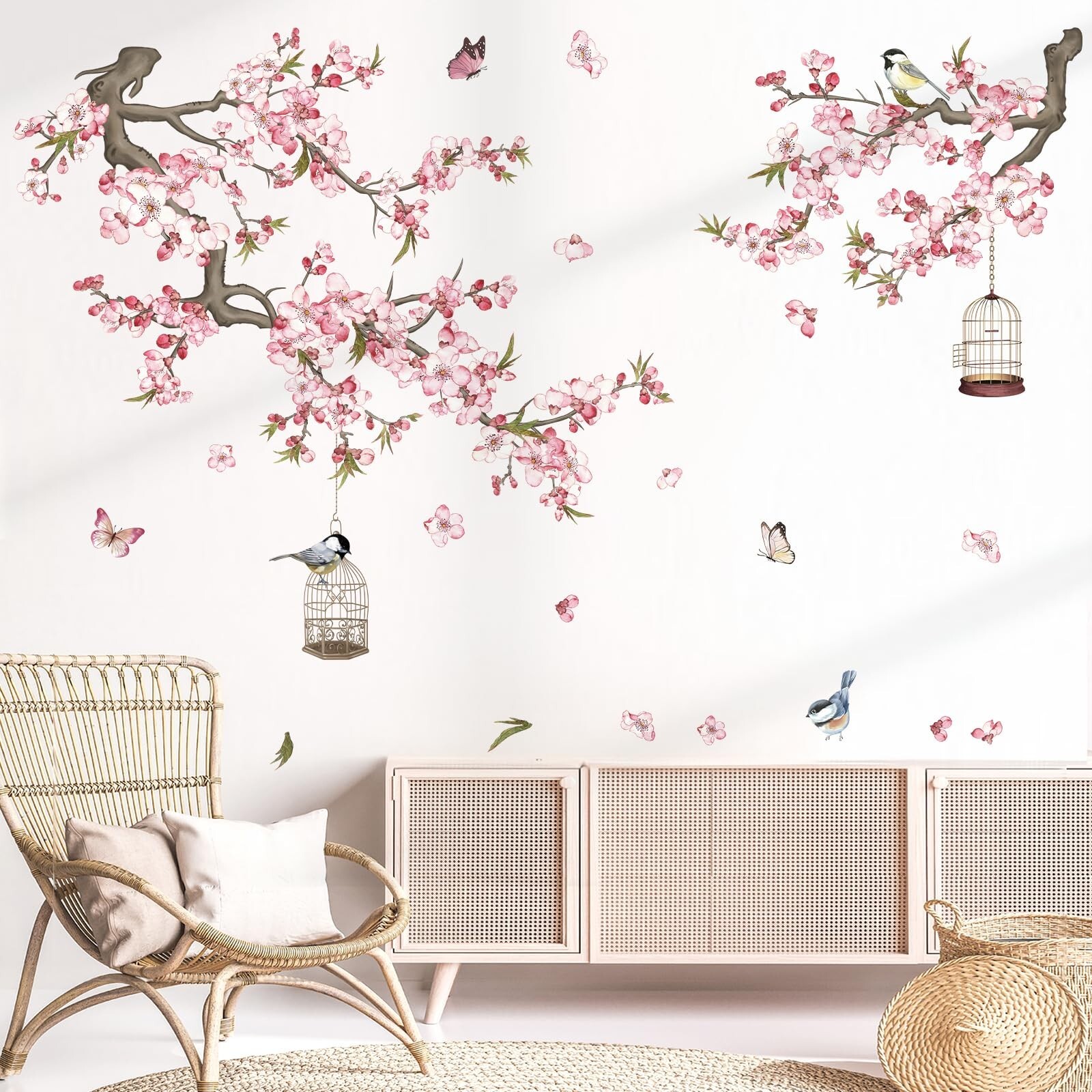 wondever Cherry Blossom Wall Stickers Pink Flowers Tree Branch Peel and Stick…
