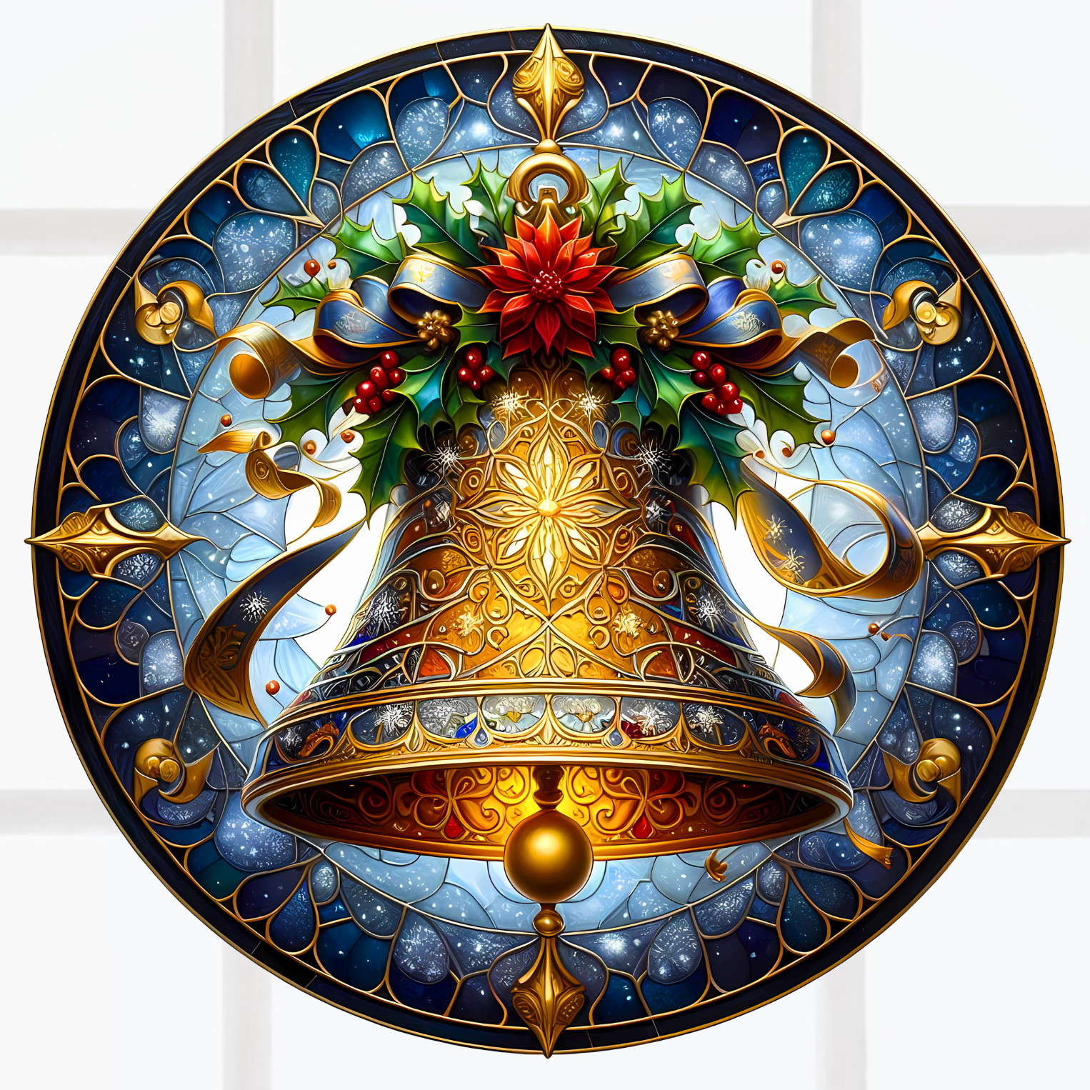 Christmas Bell Faux Stained-Glass WINDOW CLING Size 8″ Round Vinyl