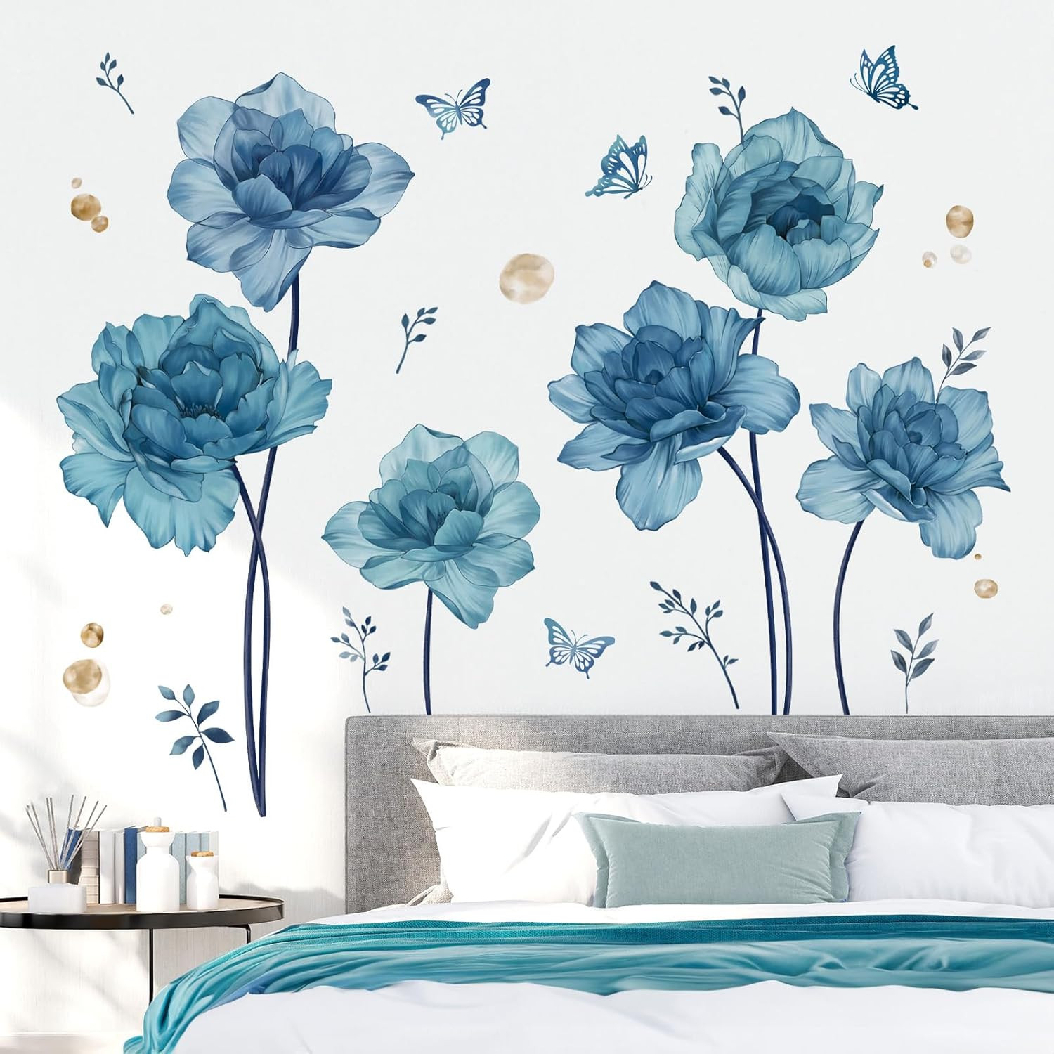 Wondever Large Blue Flowers Wall Stickers Peony Floral Plants Butterfly Peel and