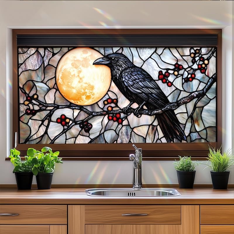 Raven Moon Stained Glass Window Film Static Cling 17.7″x39.3″ Gothic Bird Privac