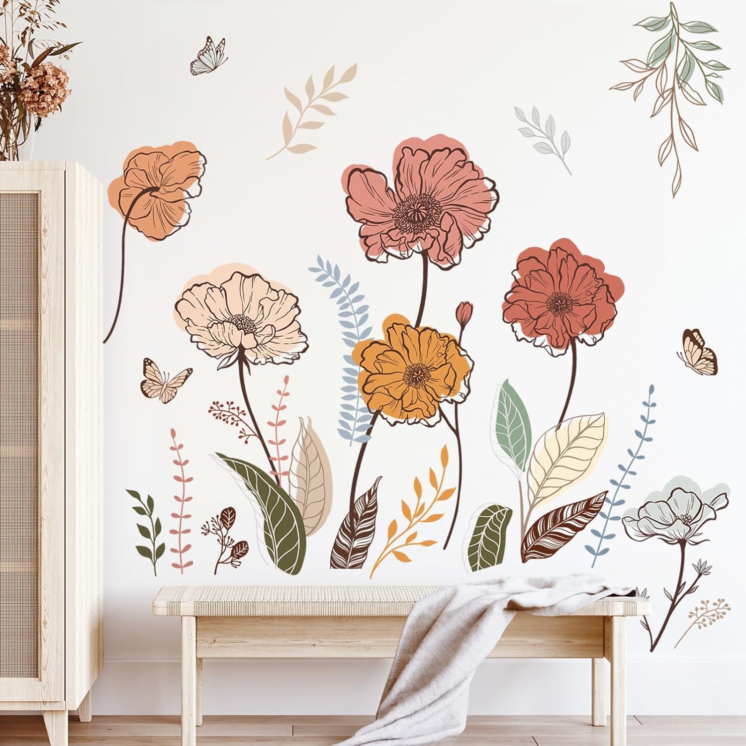 wondever Boho Flower Wall Stickers Wildflower Floral Grass Peel and Multi