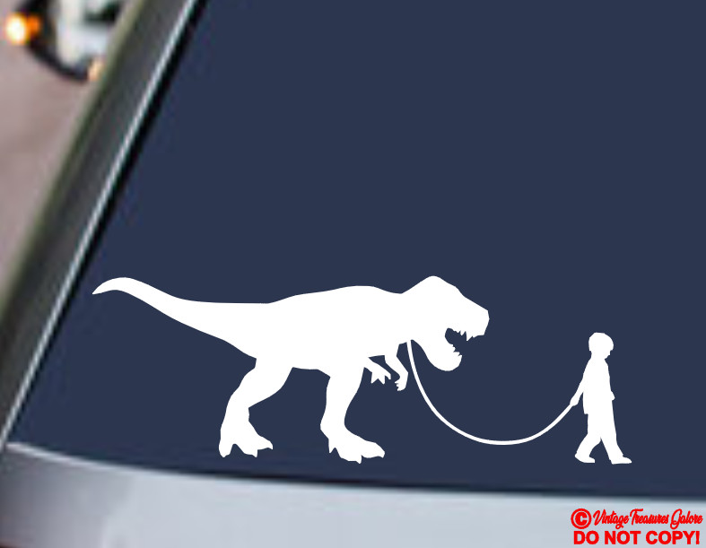 BOY WALKING A TYRANNOSAURUS REX Vinyl Decal Sticker Car Rear Window Bumper TREX