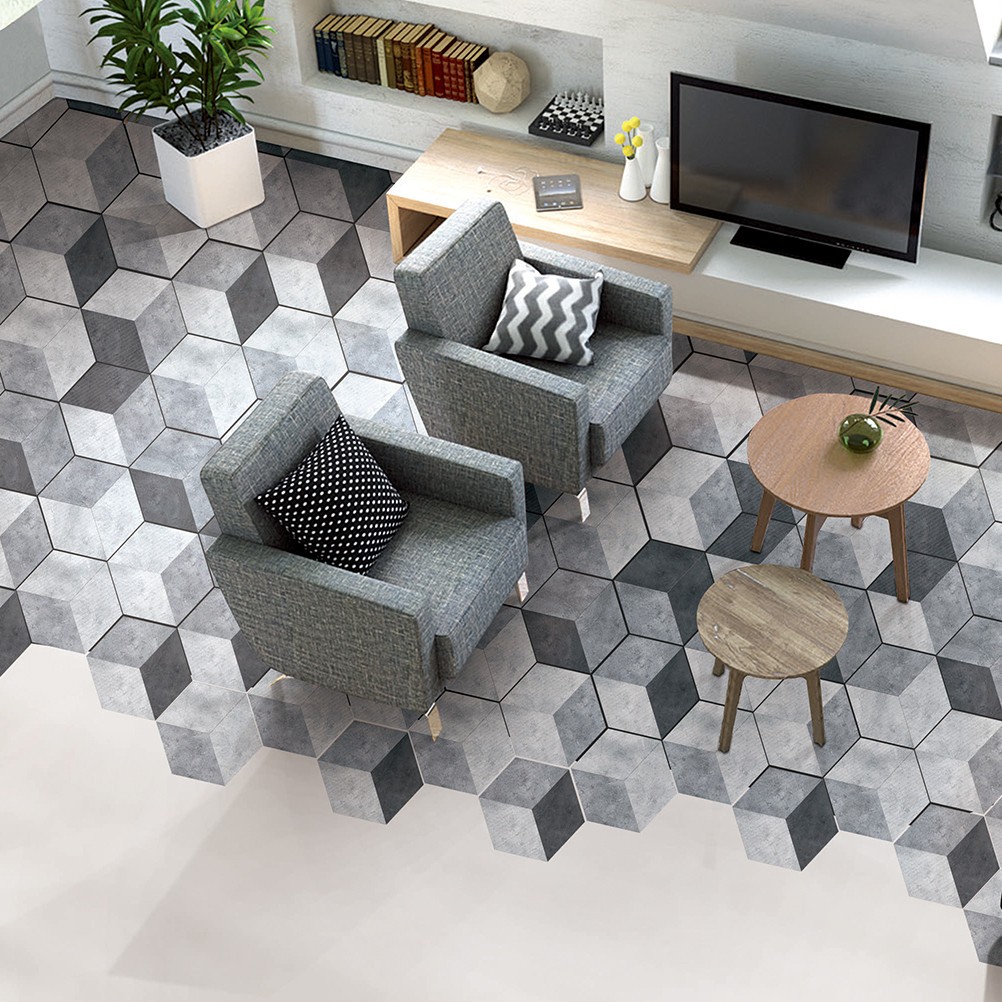 10 Pcs PVC Cement Style Anti Floor Stickers Hexagonal Shape Tiles