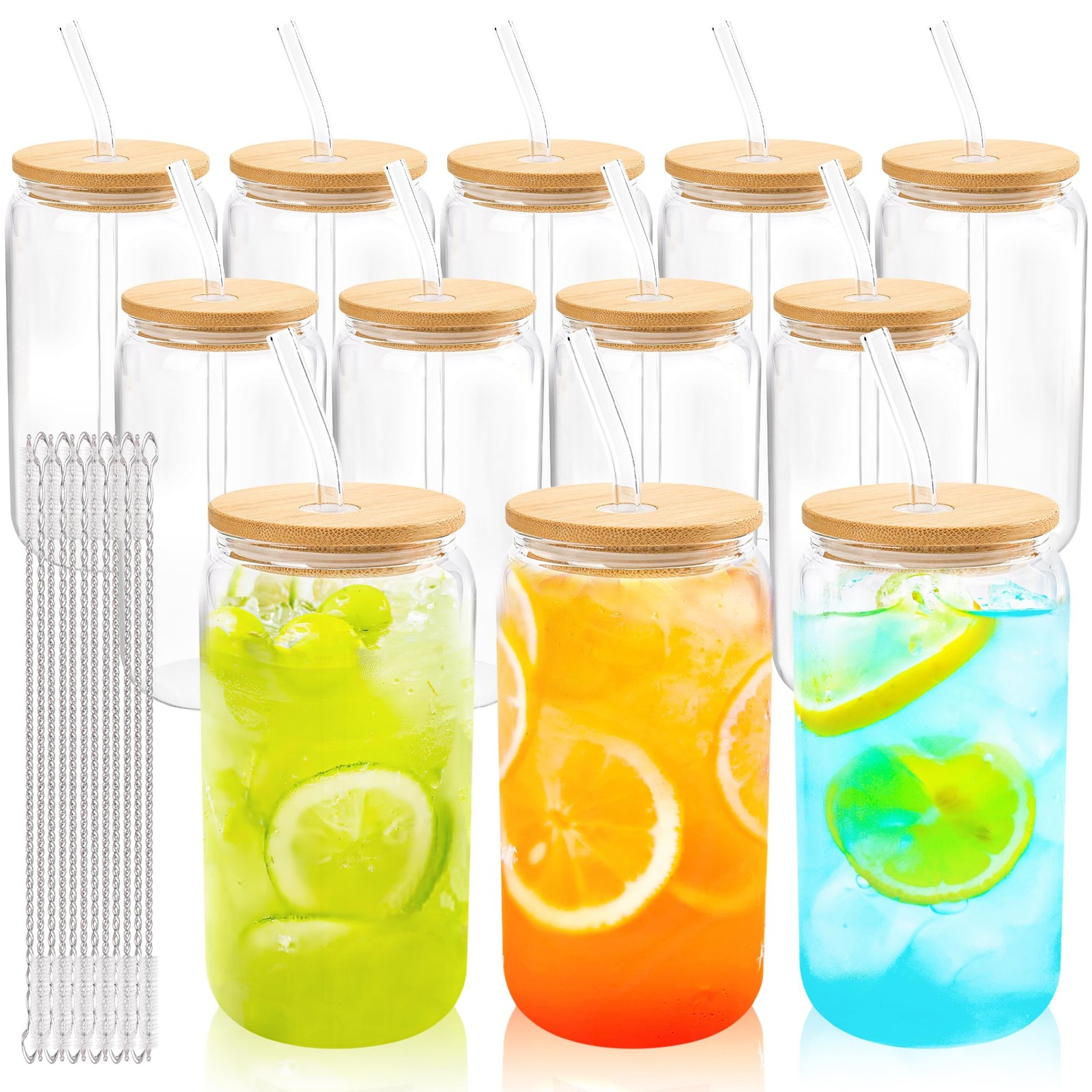 Joyclub 12 Set Glass Cups with Bamboo Lids and Straws 16oz Can Shaped Reusabl…