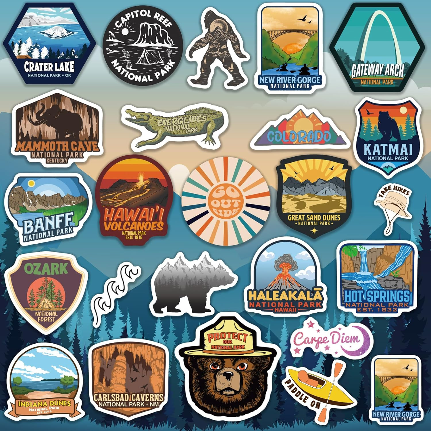 156 Pcs National Parks Sticker Pack, Outdoor Nature Camping Hiking Inspired