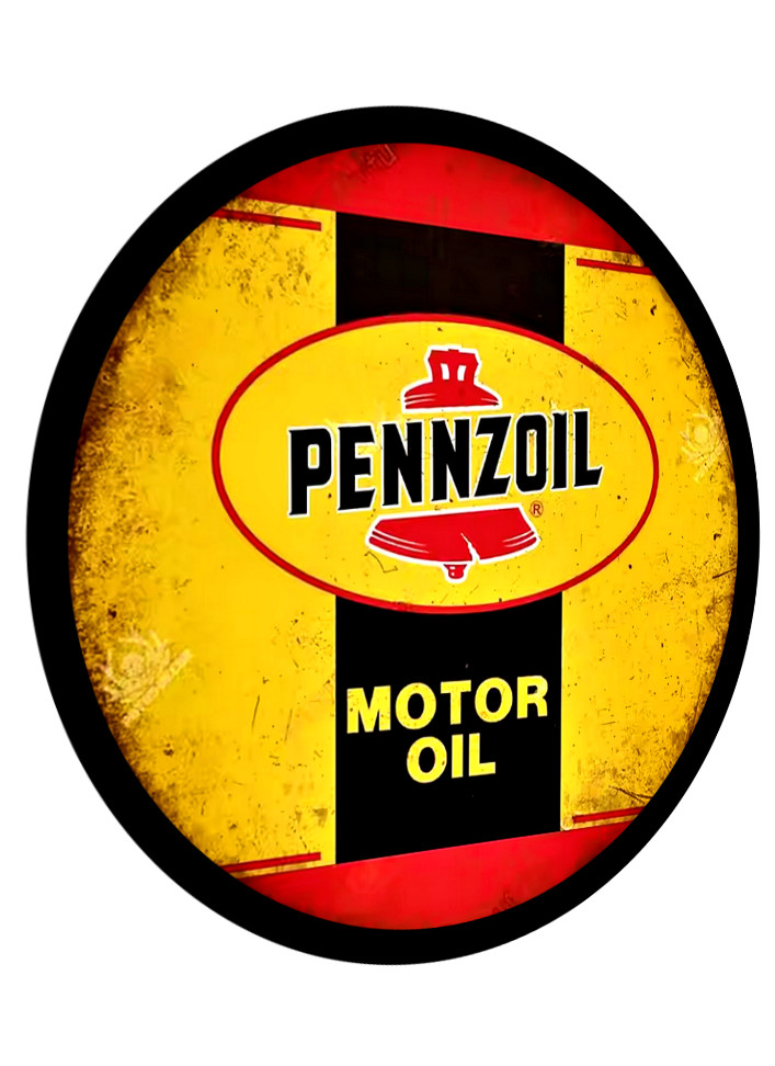 PENNZOIL SIGN STICKER VINTAGE REPLICA MOTOR OIL SEXY WOMAN SITTING ON OIL CAN
