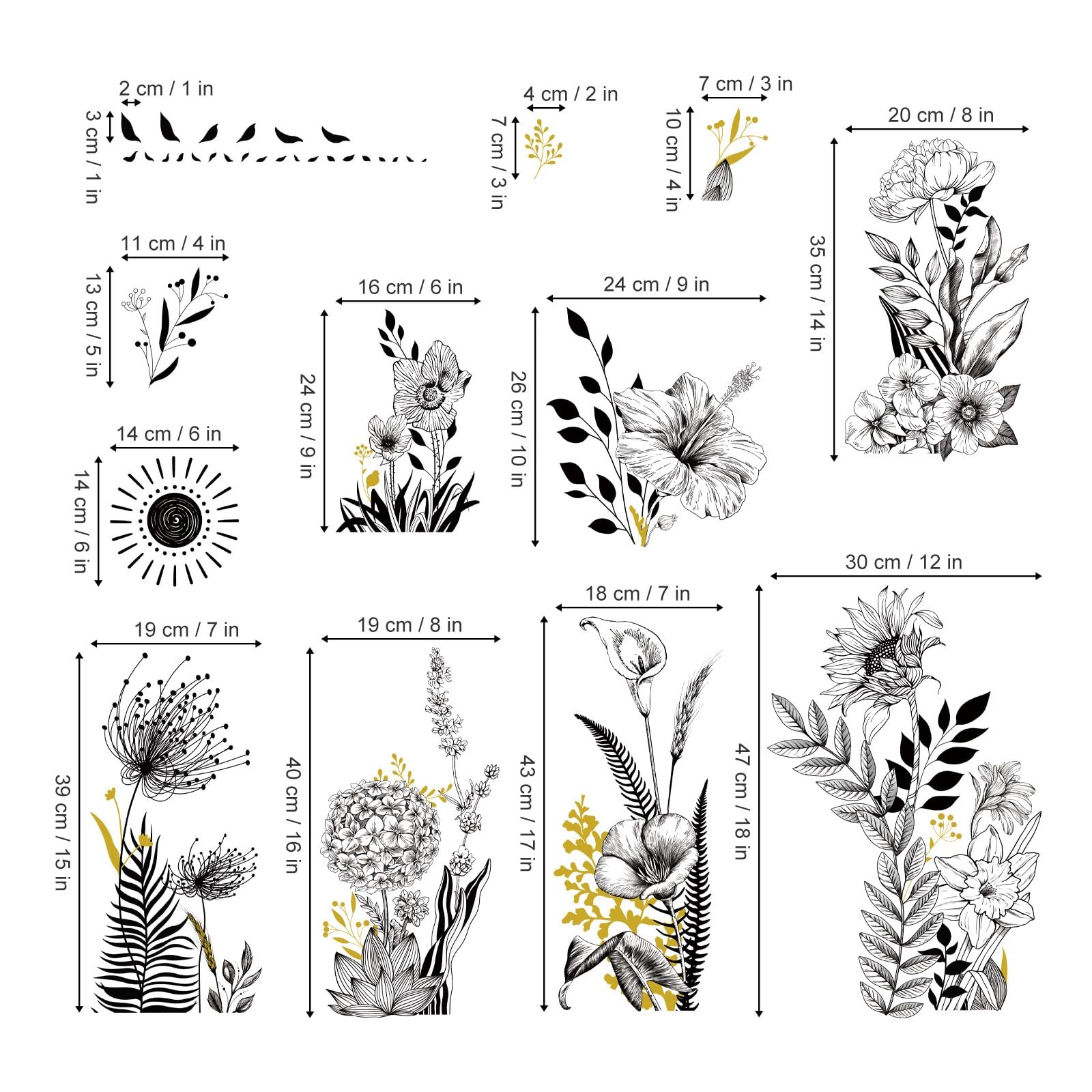wondever Black and White Garden Flower Wall Stickers Wildflower Multi